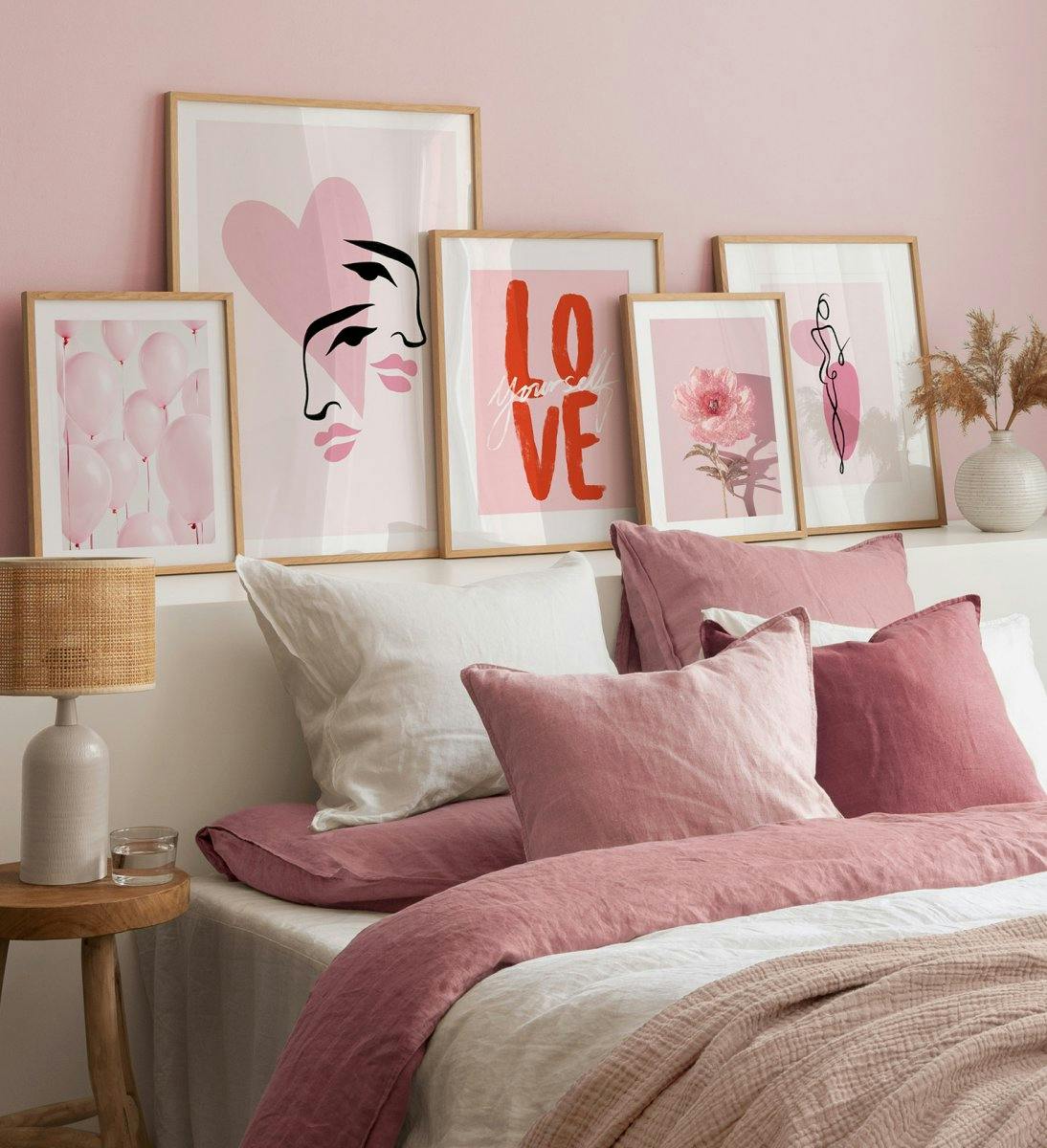 Gallery wall in pink with illustrations and photographs of flowers, line shapes and quotes with oak frames for bedroom (ONE SIZE) - Poster Store