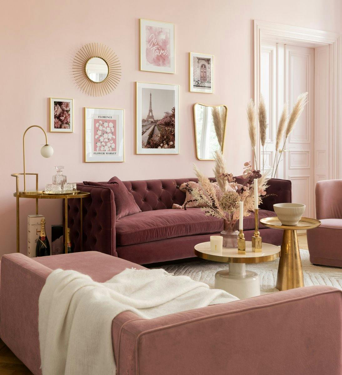 Romantische Parijse galerij muur in roze met gouden frames voor woonkamer (ONE SIZE) - Poster Store