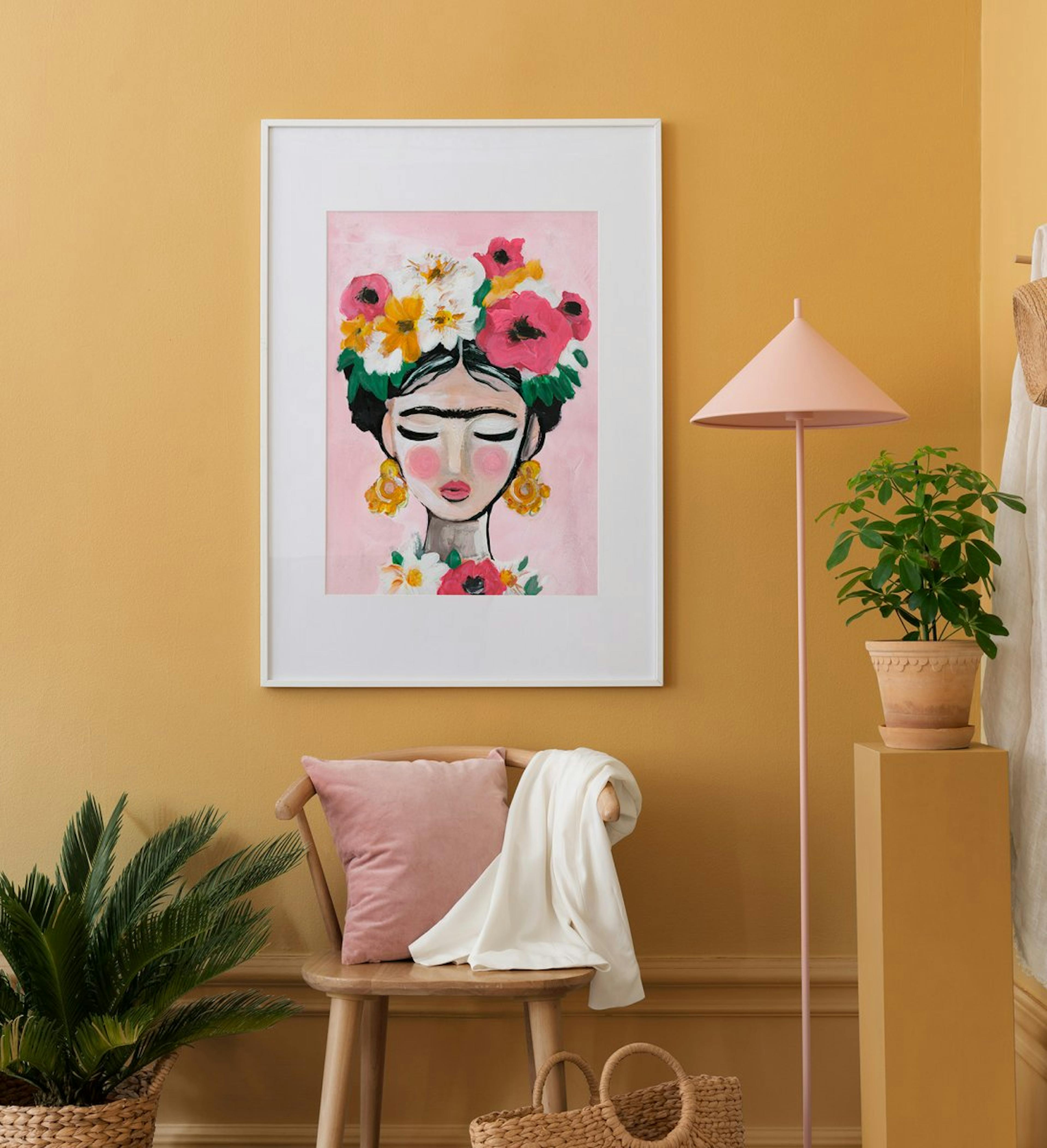 Frida Kahlo gallery wall in happy colours with oak frame for hallway or living room