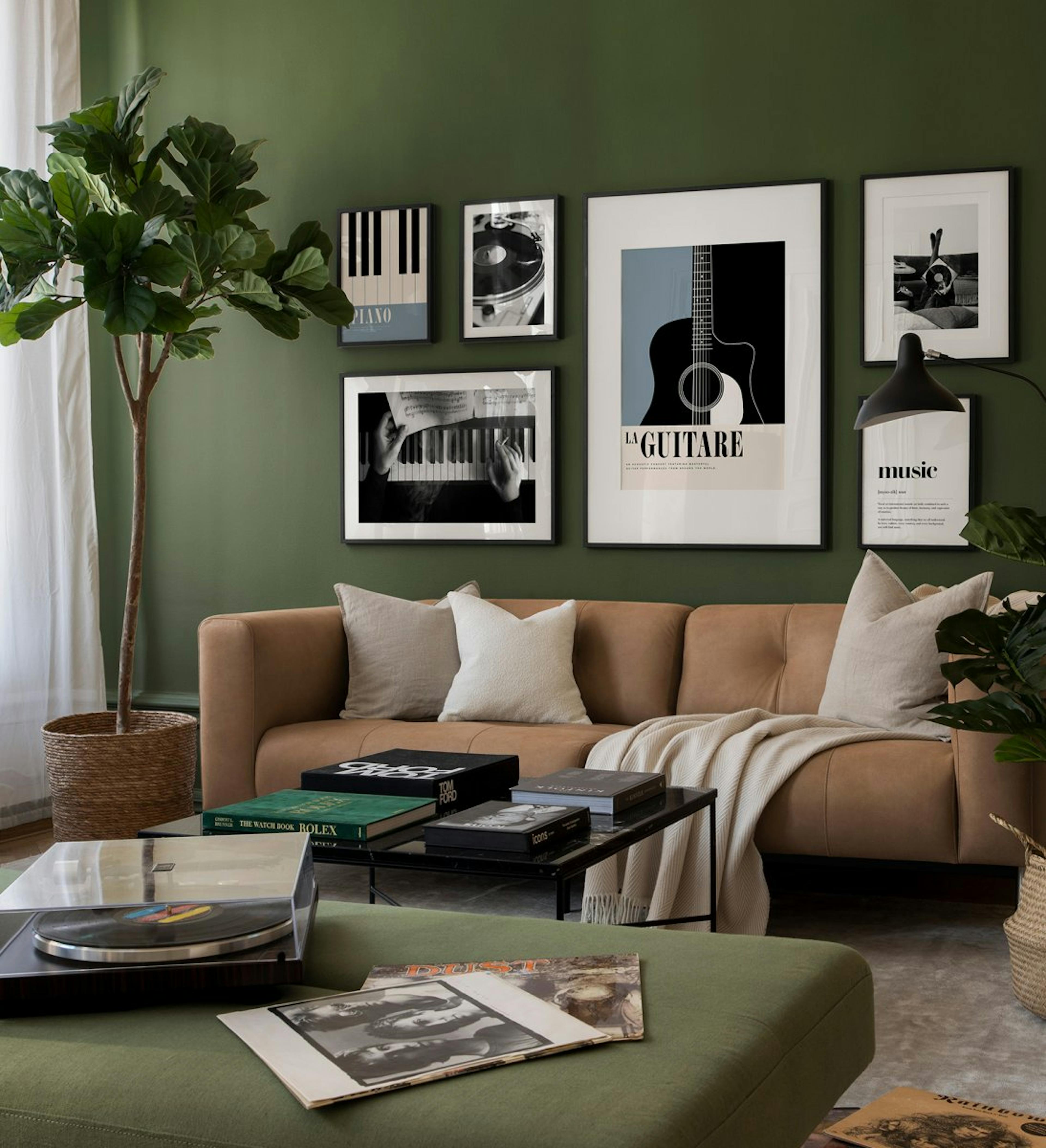 Music gallery wall with illustrations and photographs of instruments with black wood frames for living room.