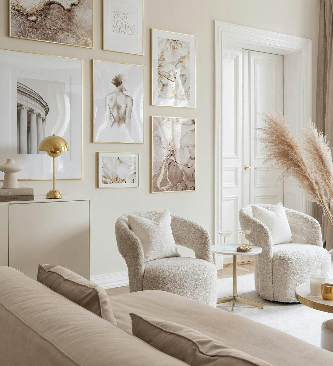 Modern gallery wall in beige and white with illustrations, photographs and abstract art with gold frames for living room (ONE SIZE) - Poster Store