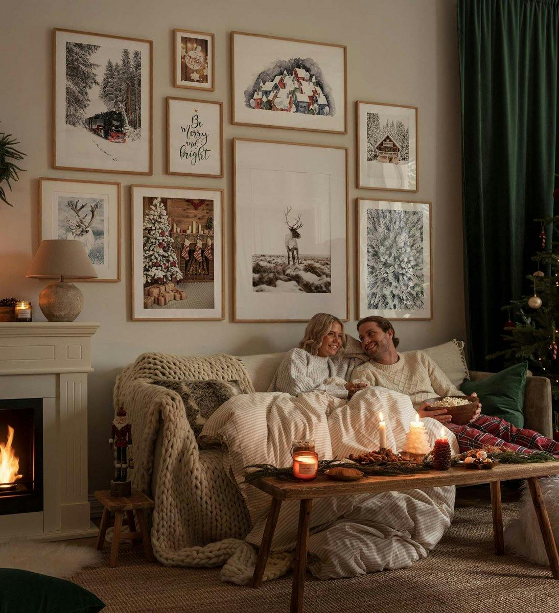 Christmas gallery wall with snowy prints and illustrations with oak frames for living room (ONE SIZE) - Poster Store