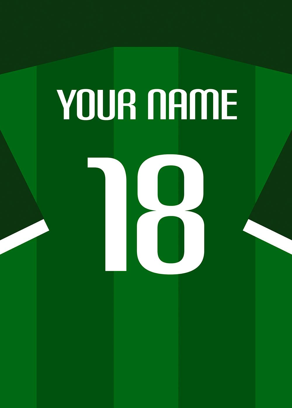 Póster personalizado con el dorso de una camiseta de fútbol verde con el nombre YOUR NAME y el número 18 en blanco.