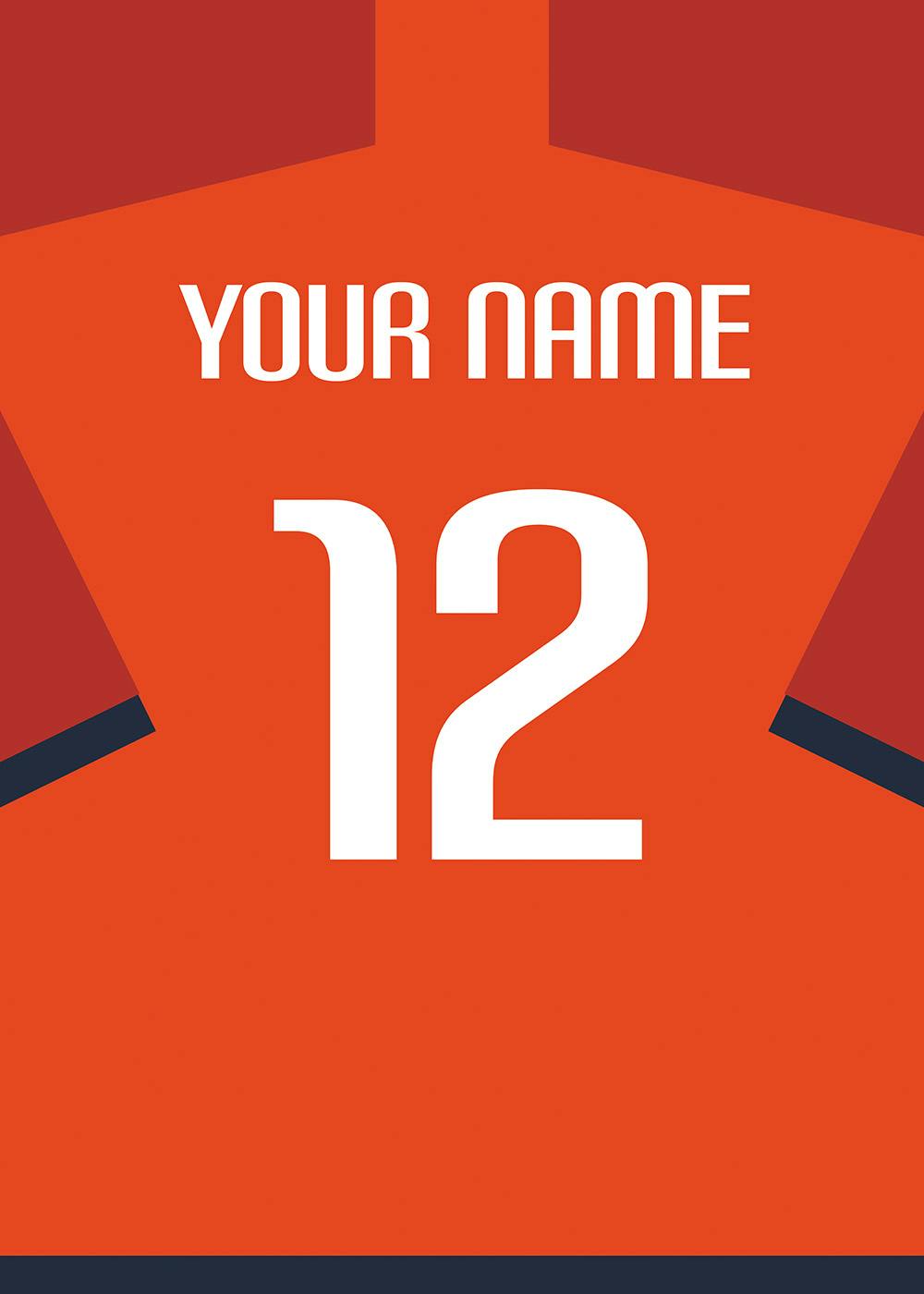 A personalised poster of a red sports jersey with a white name and number 12, featuring a dark blue trim.