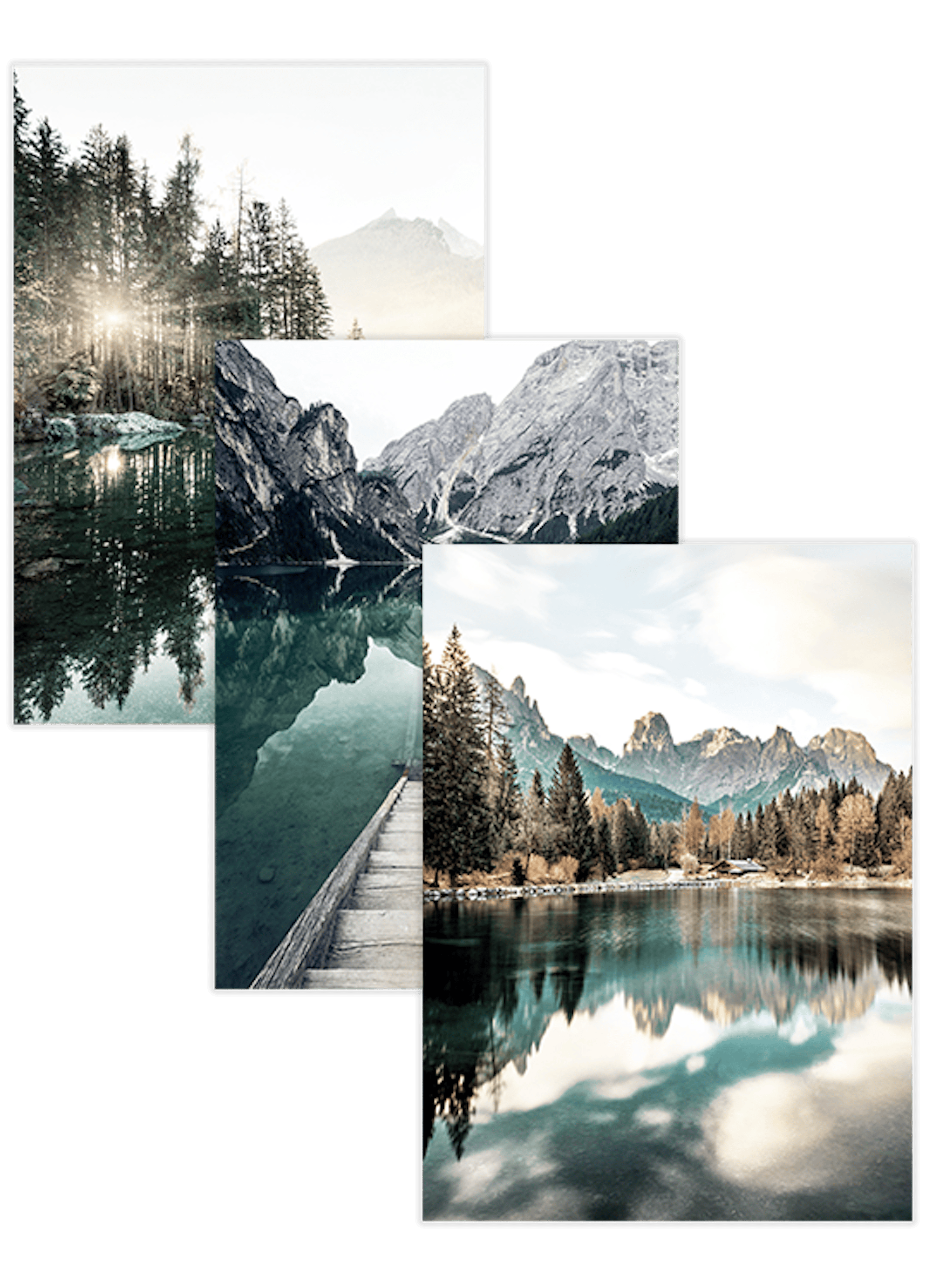 En tavelvägg med naturbilder av berg, skogar och sjöar som reflekterar omgivningen.