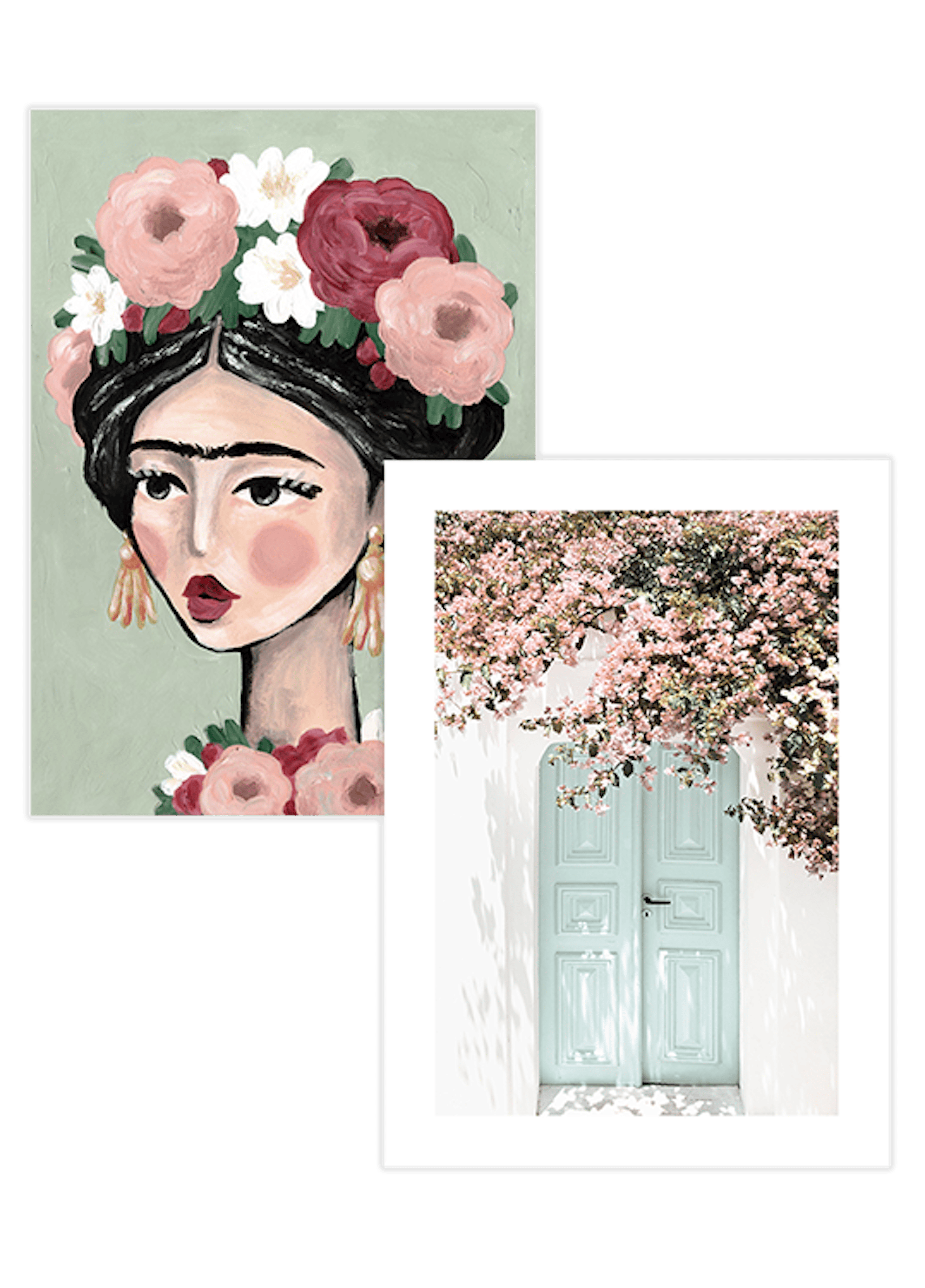 Set di poster con ritratto femminile stilizzato con fiori e porta azzurra con bouganville rosa.