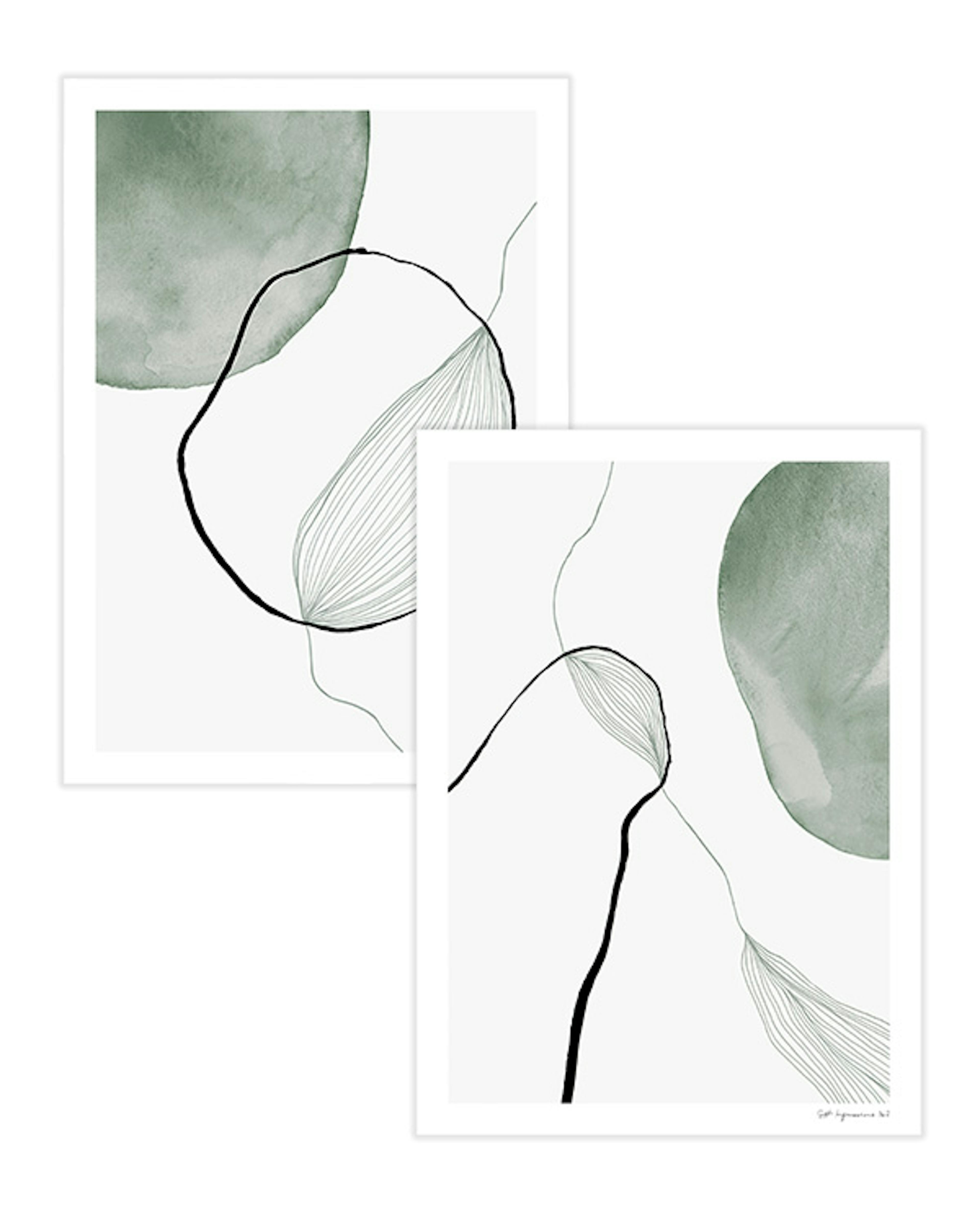 Twee posters met groene aquarel vormen en zwarte, vloeiende lijnen op een witte achtergrond.