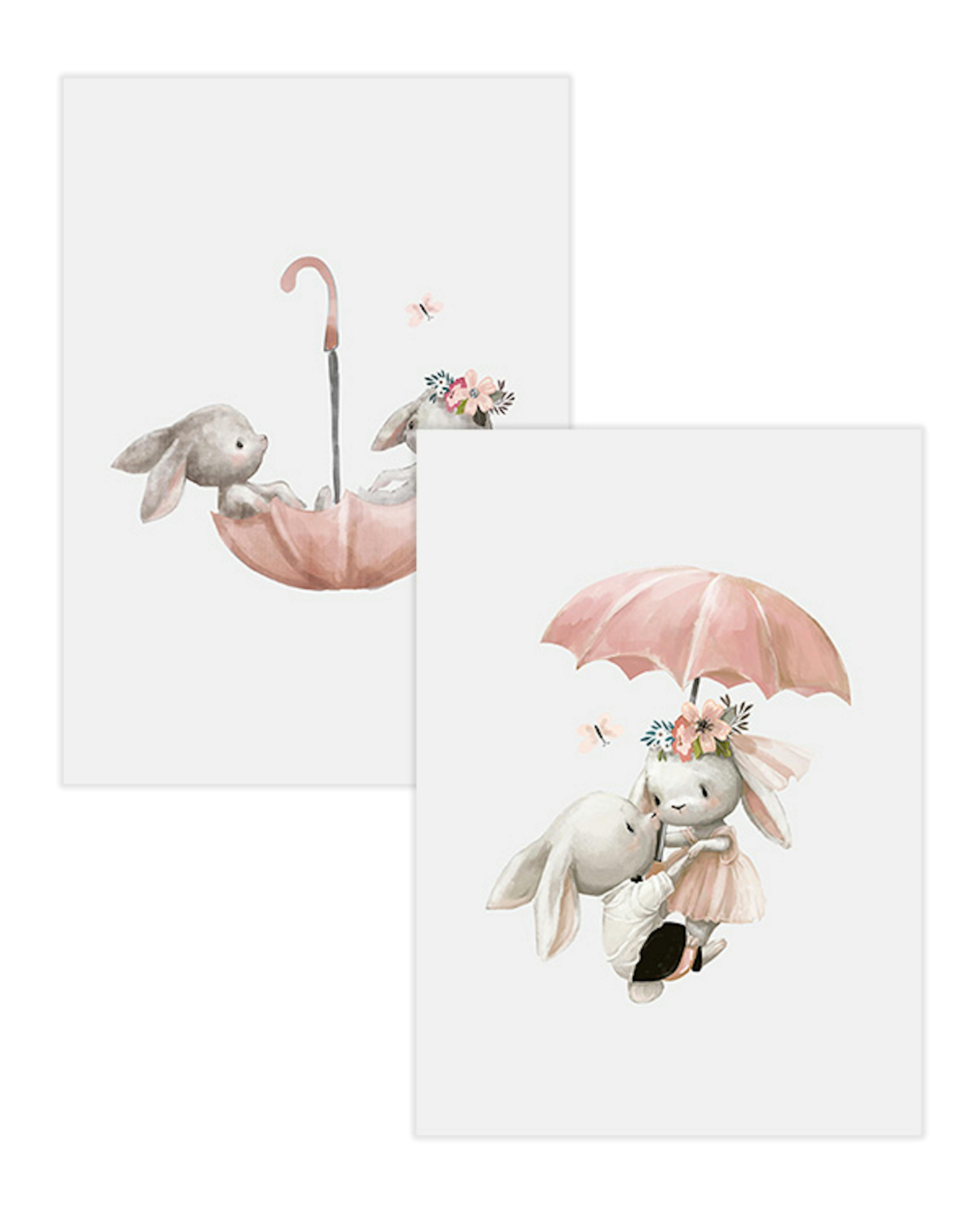 Zwei Posterset-Bilder mit niedlichen Hasen in Pastellfarben. Einer liegt in einem rosafarbenen Regenschirm, der andere umarmt ei