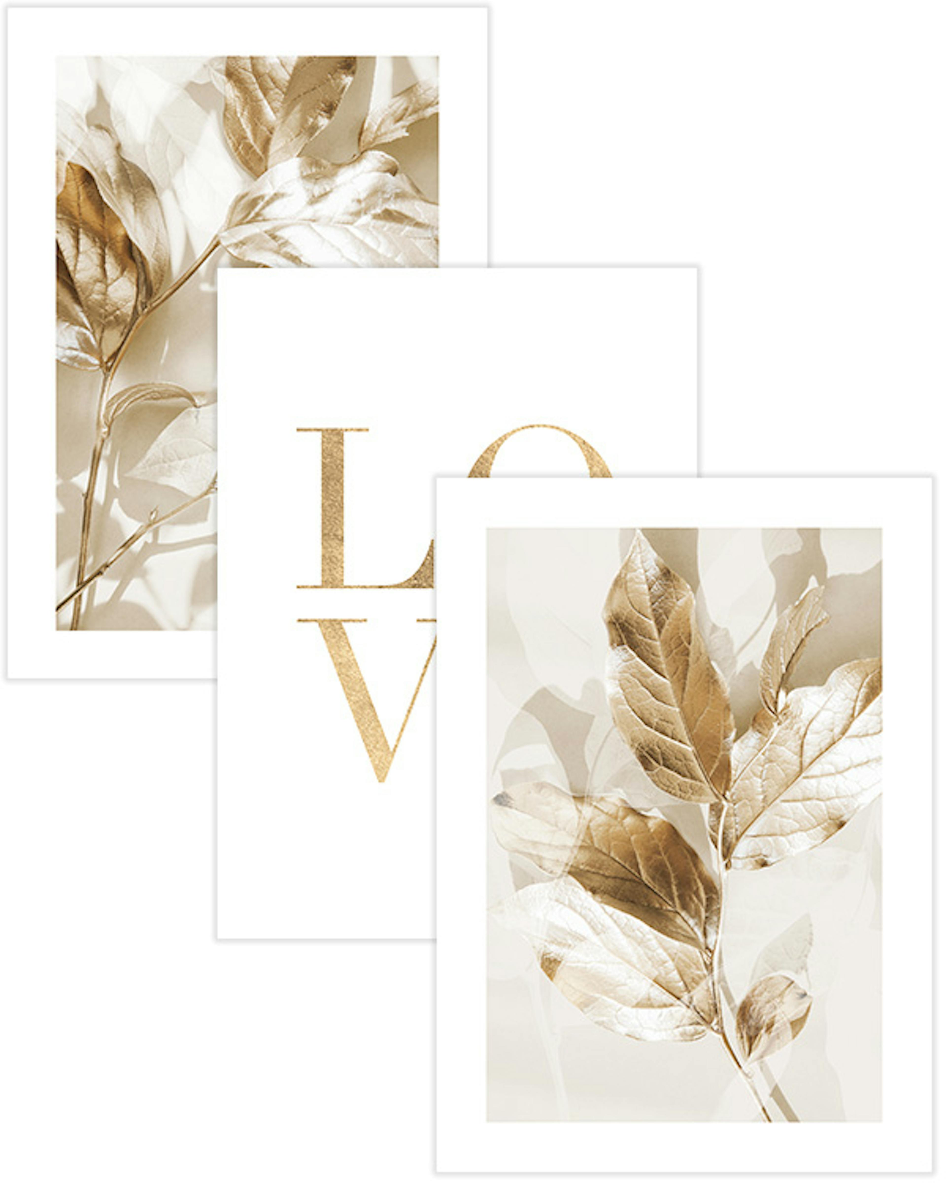 Zestaw plakatów: dwa złote liście na beżowym tle i napis LOVE złotymi literami.
