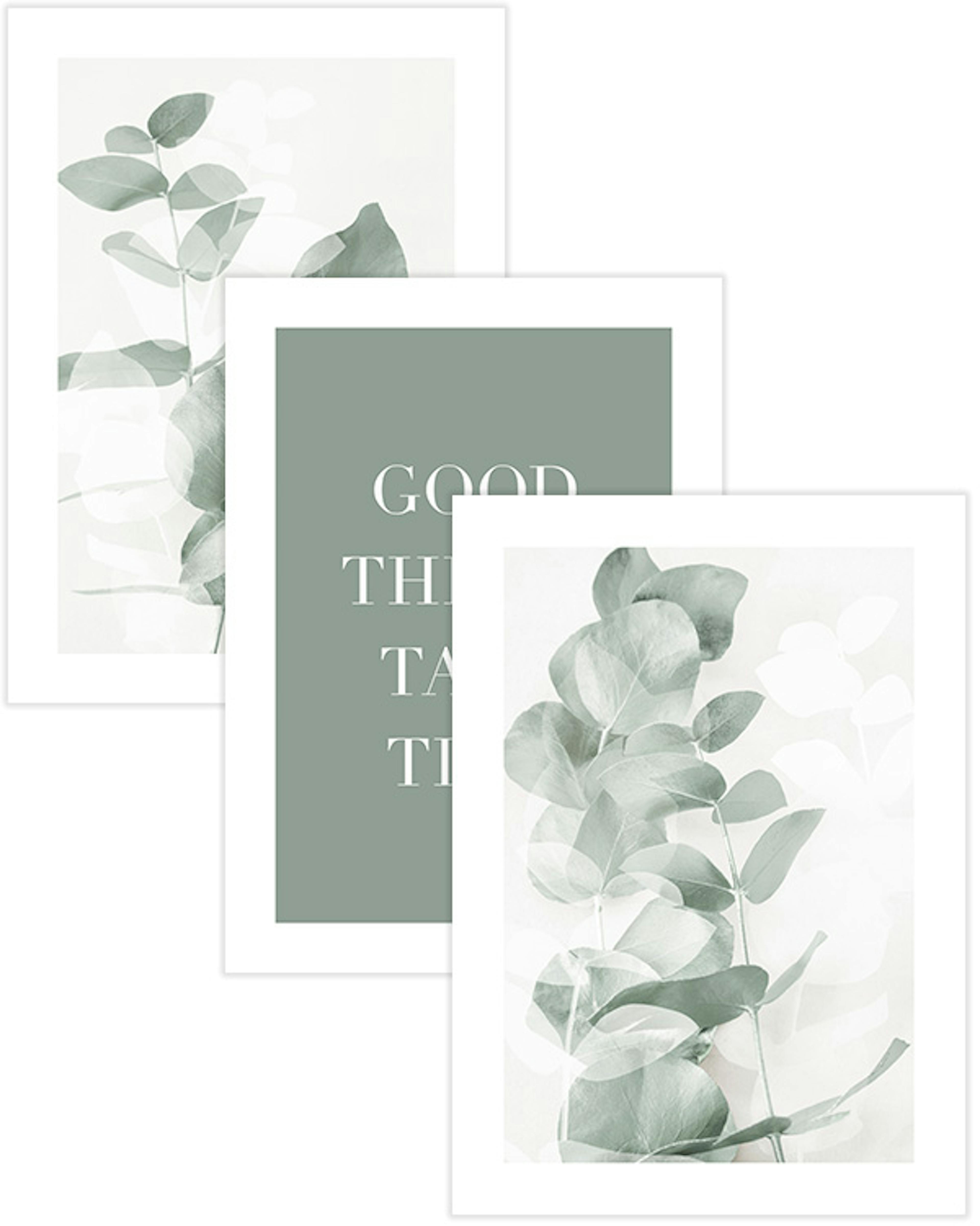 Plakatpakke med tre plakater; to med eukalyptusgrene i grønne nuancer og én med teksten GOOD THINGS TAKE TIME på grøn baggrund.
