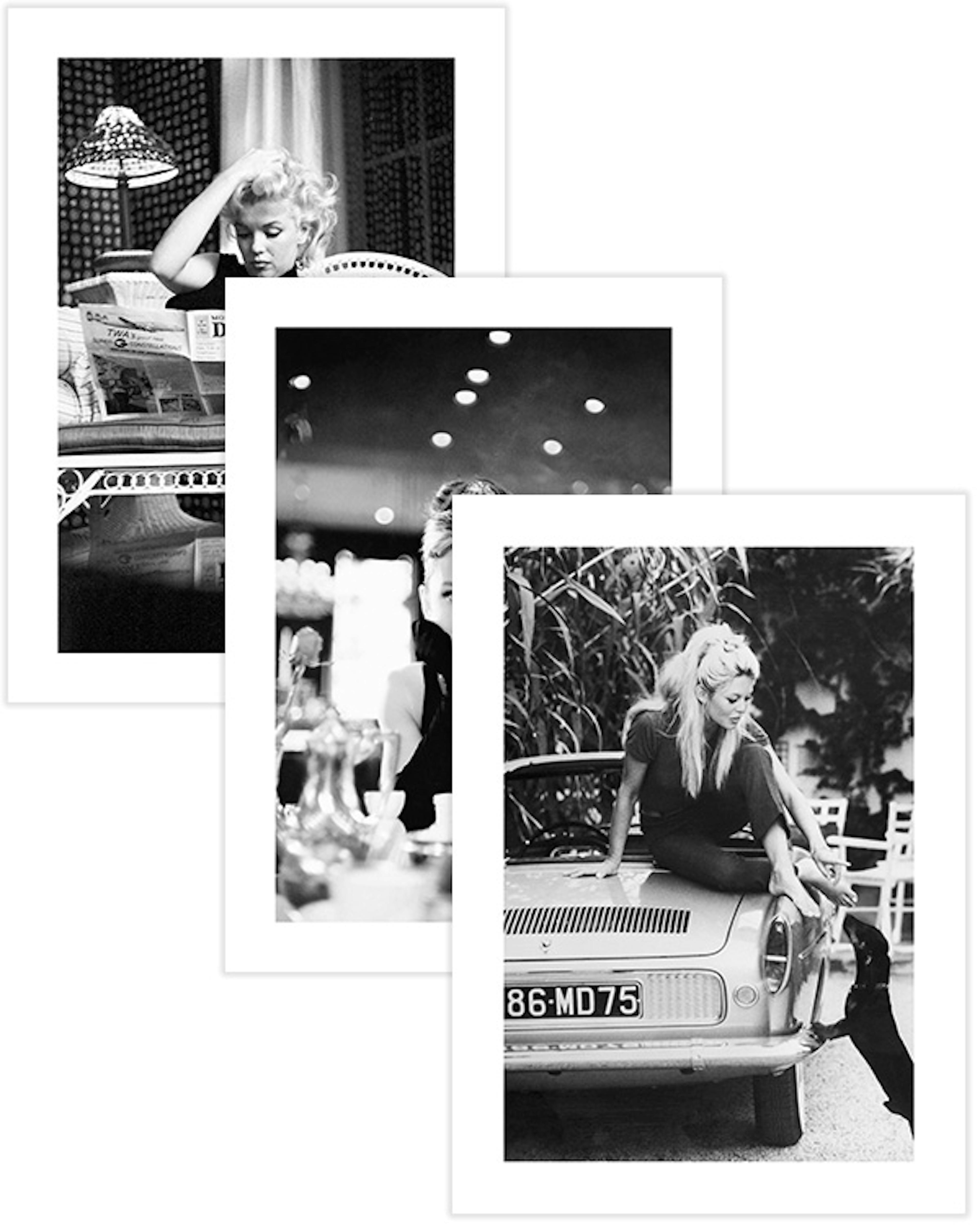 A poster pack featuring three black and white celebrity photos: Marilyn Monroe reading, a woman at a bar, and Brigitte Bardot wi