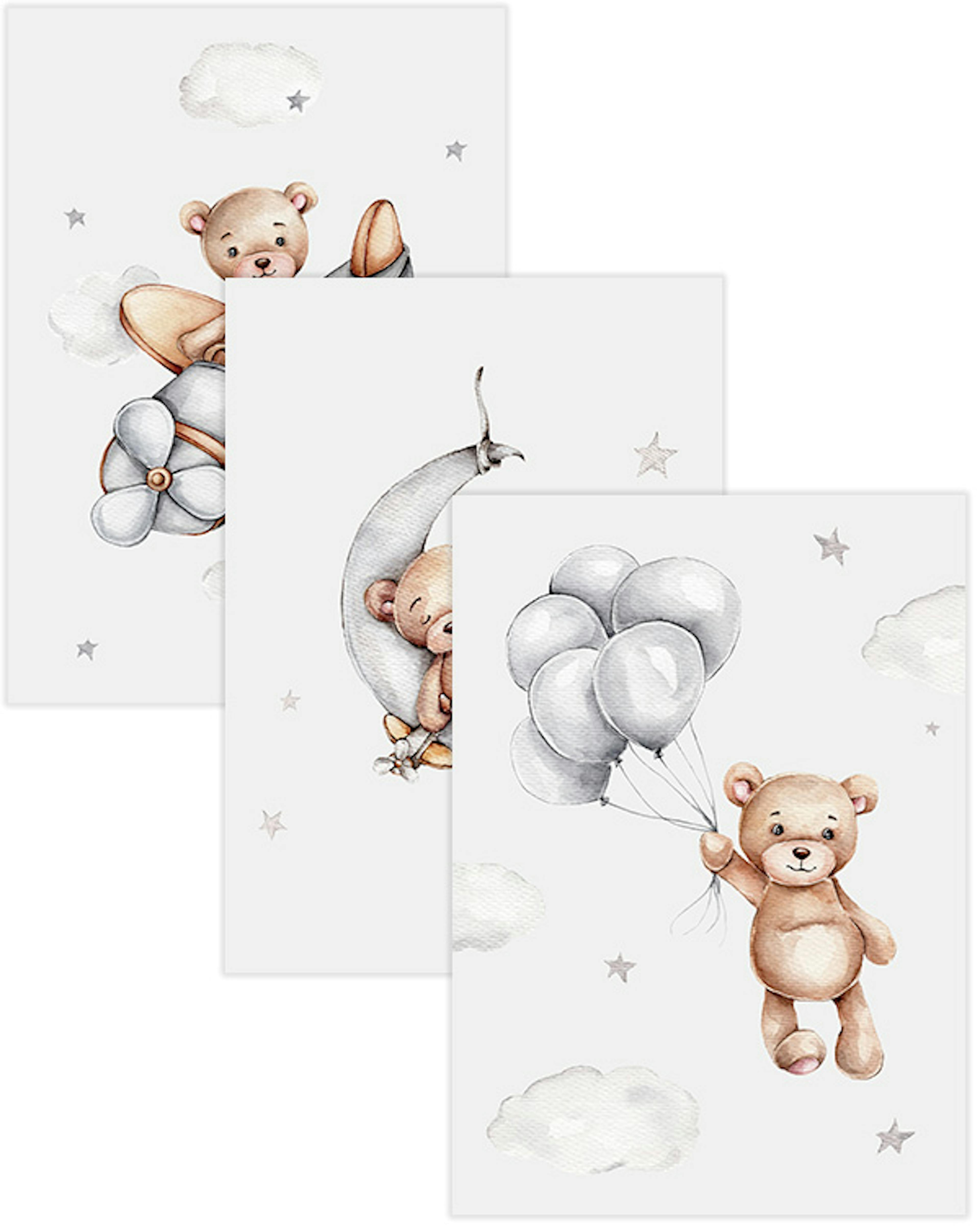 Tre pacchetti di poster per la cameretta con orsetti in aereo, su luna e con palloncini, su sfondo grigio chiaro.