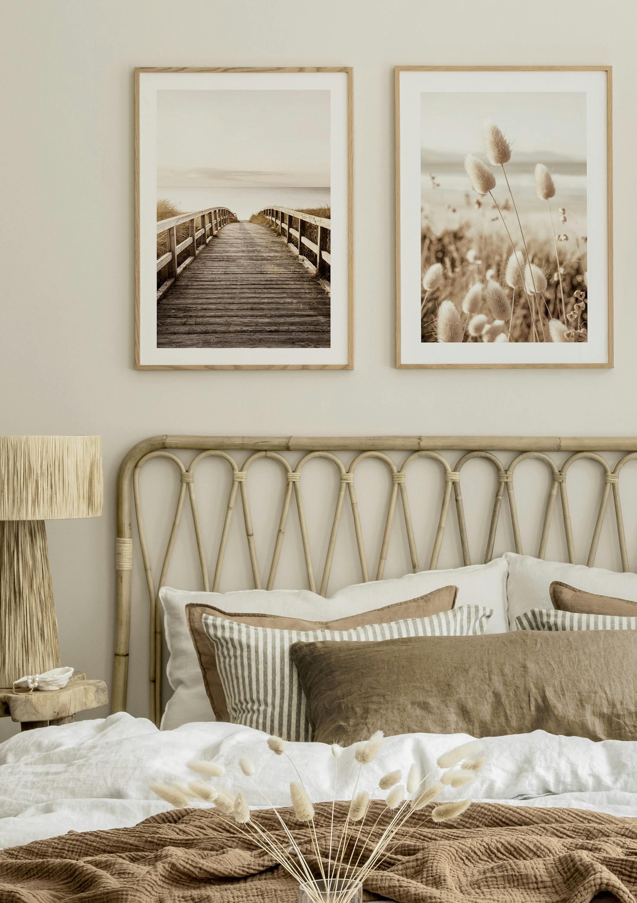 A poster pack featuring serene sepia-toned images: a wooden boardwalk over water and fluffy bunny tail grass.