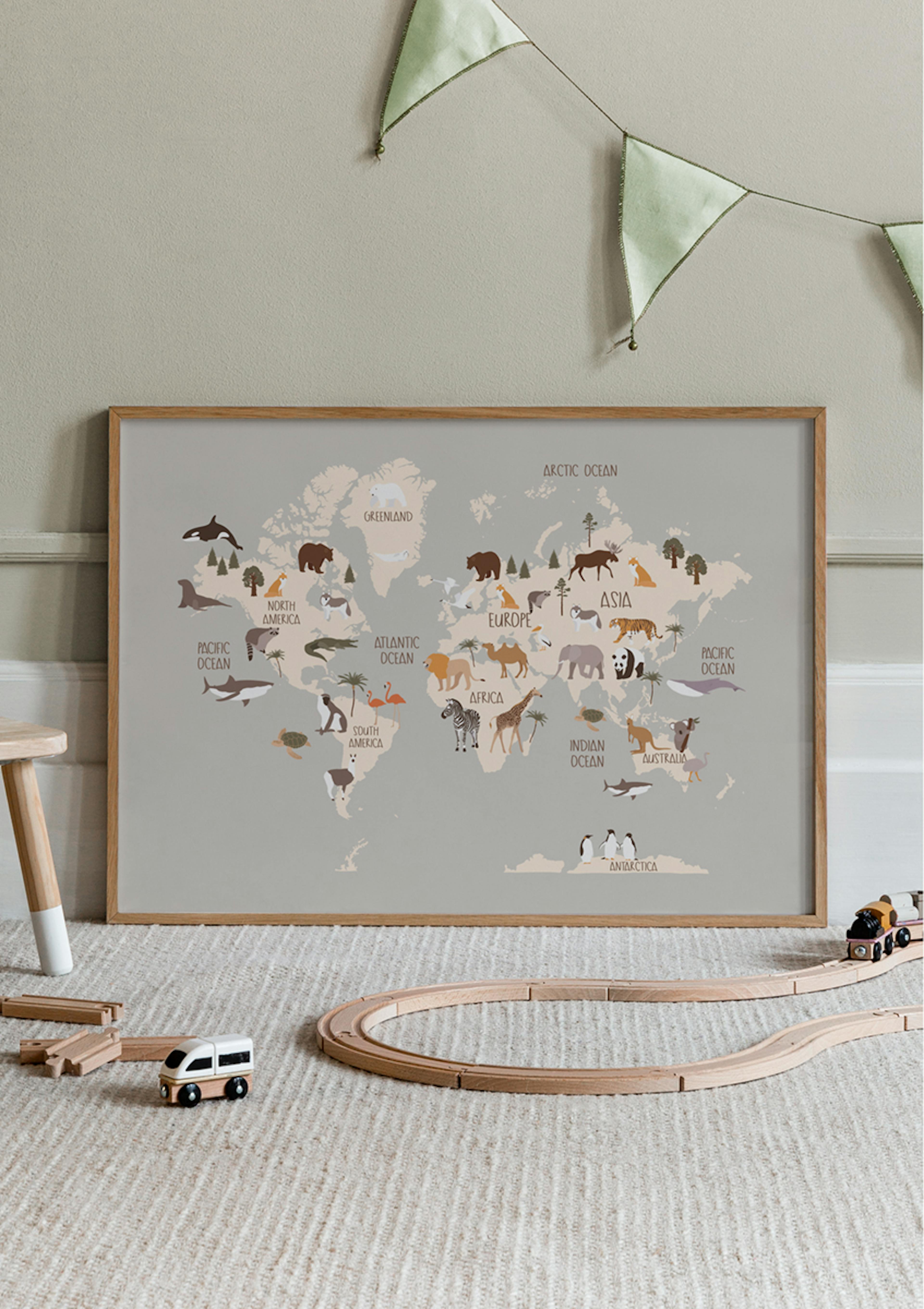 Dieren in het Wild Wereldkaart Poster thumbnail