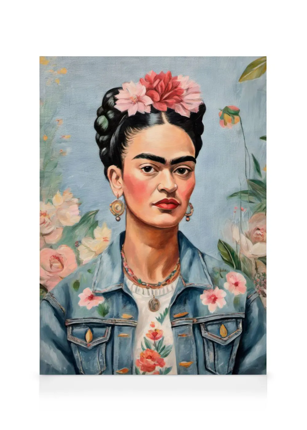 A canvas portrait of Frida Kahlo in a denim jacket with floral embroidery, surrounded by pink flowers on a blue background.
