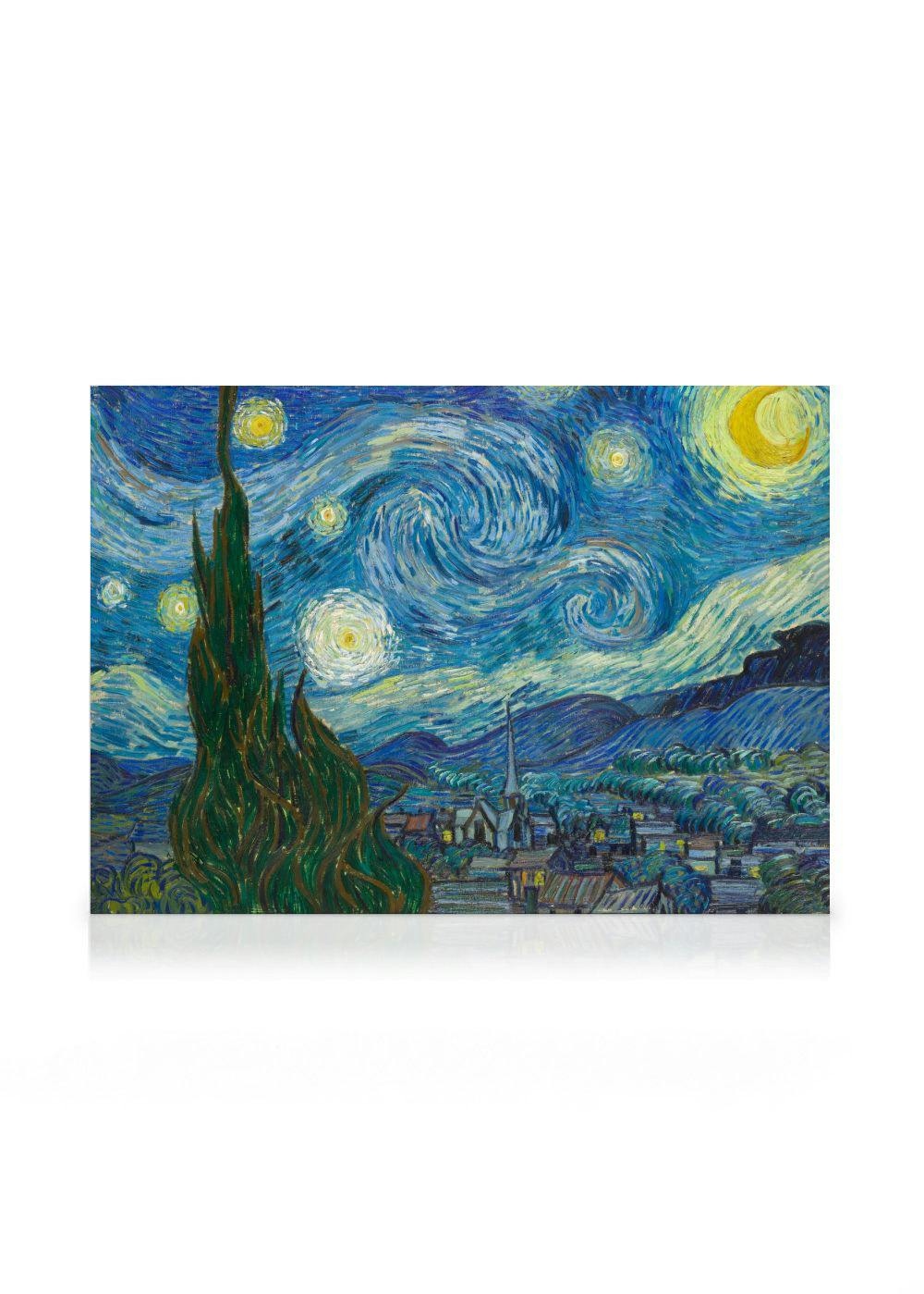 Leinwandbild von Van Goghs Sternennacht mit wirbelndem Himmel, leuchtenden Sternen, Zypressen und Dorf.