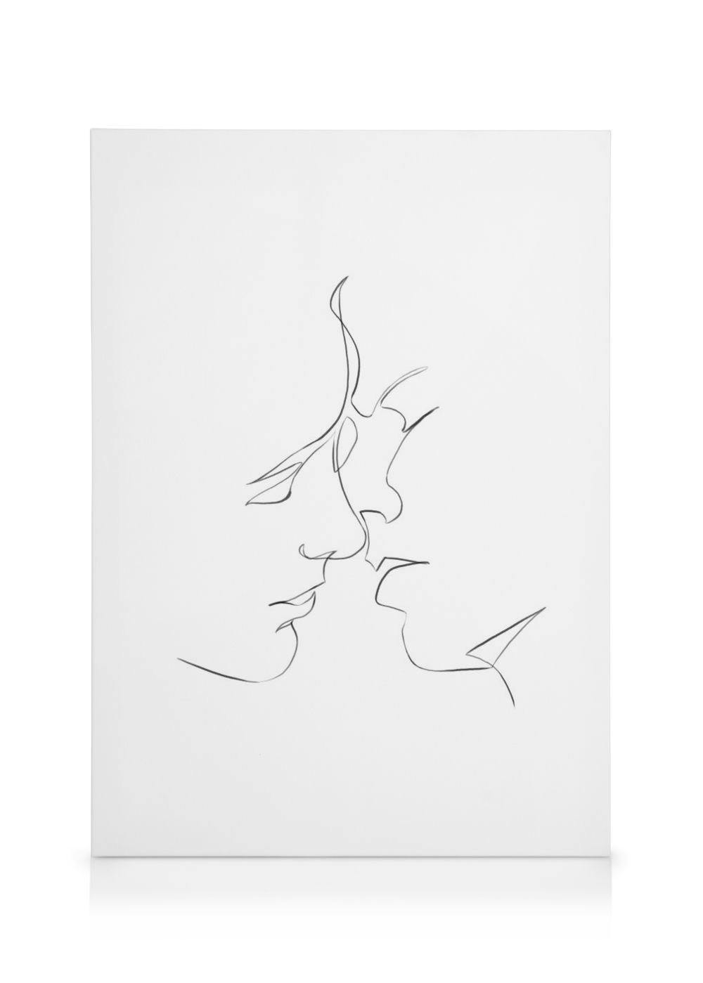 Et lærred med en minimalistisk sort-hvid stregtegning af to ansigter, der kysser hinanden.