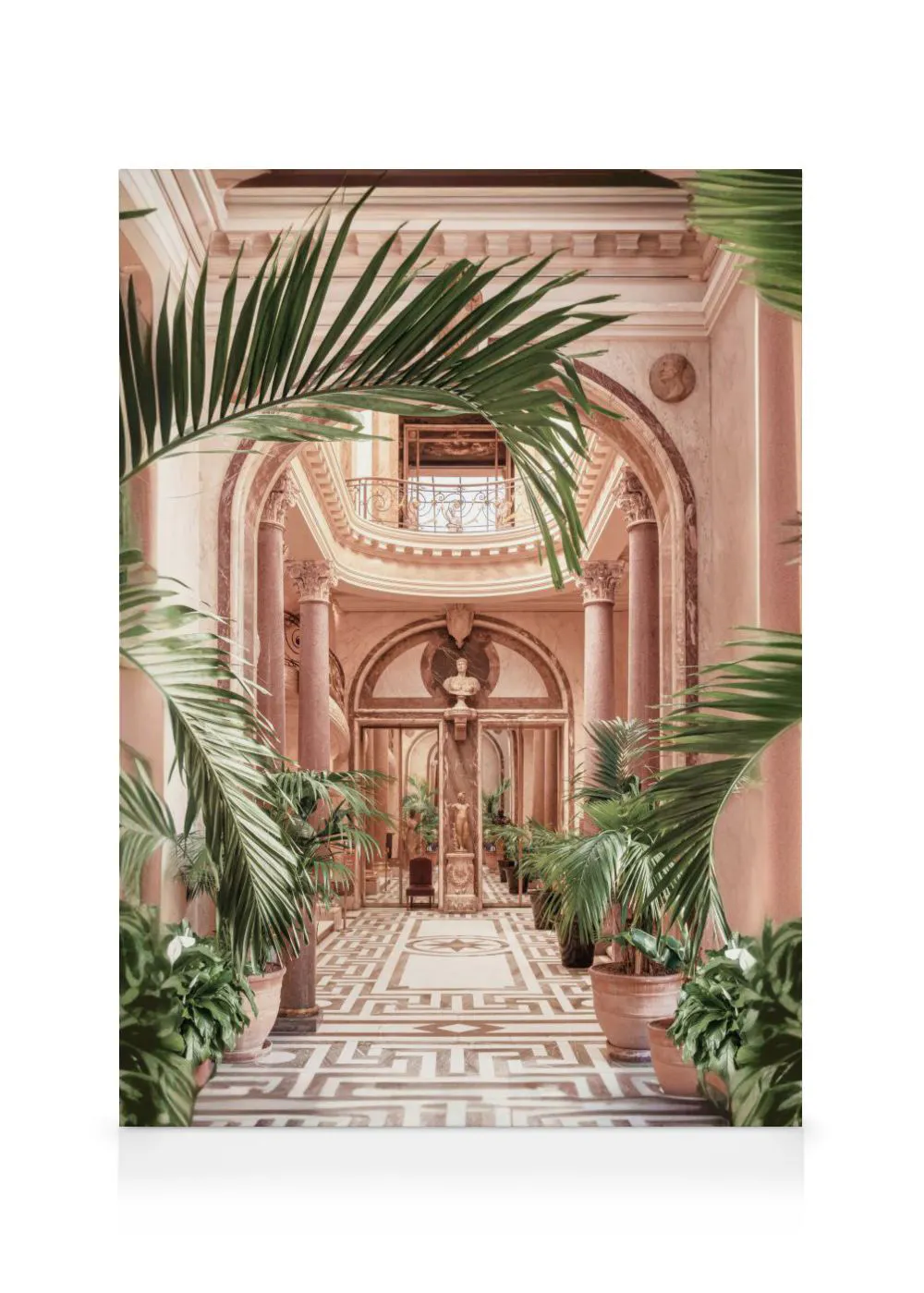 A canvas showing a grand pink marble hallway with columns, arches, a balcony, and potted palms.