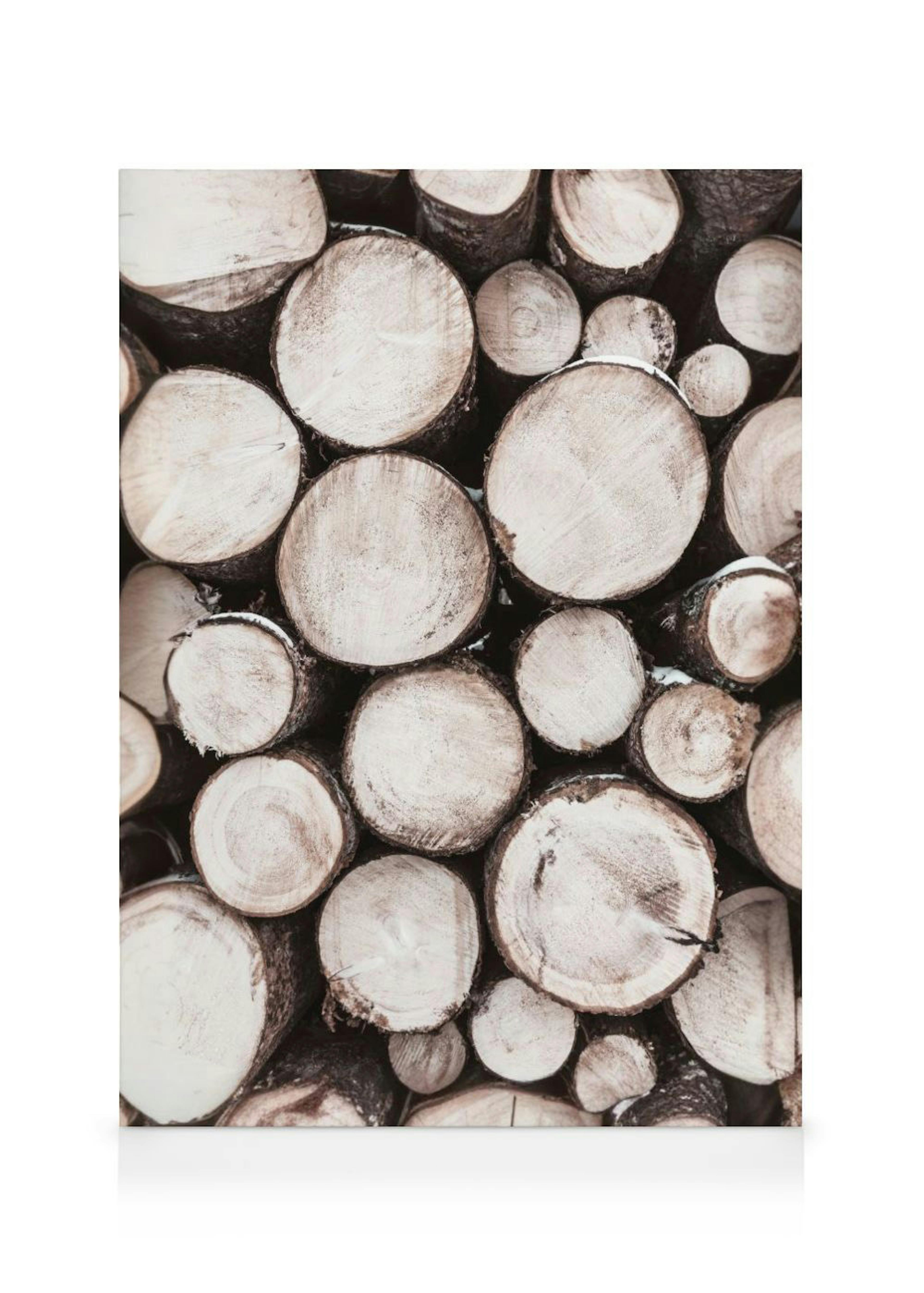 A canvas displaying a close-up of stacked, cut tree logs with visible rings and dark bark.