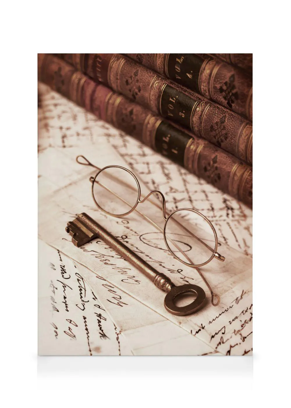 A vintage-style canvas depicting old books, a key, and spectacles on aged, handwritten paper.