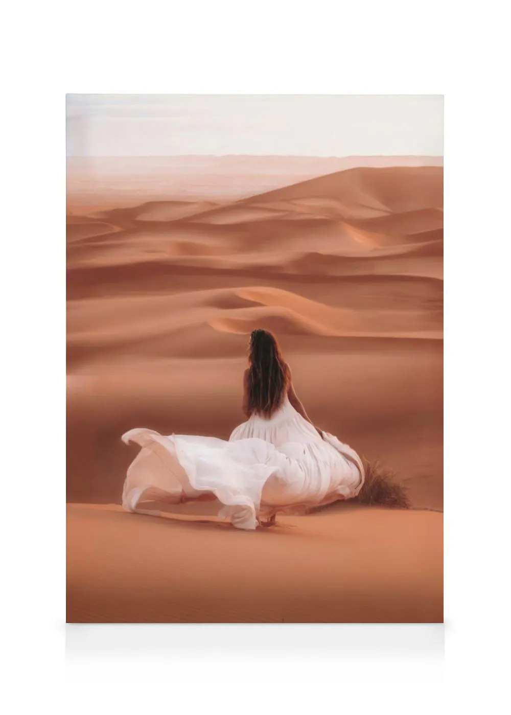 A canvas of a woman in a white dress sitting on a sand dune, looking out at a desert landscape.