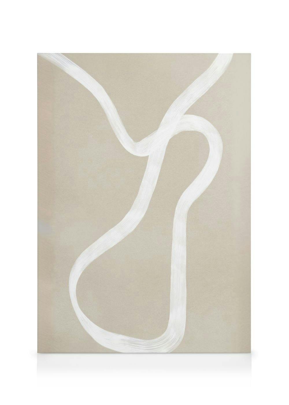 Kanvaasi, jossa on abstrakti kuvio valkoisista, orgaanisista viivoista beigenvärisellä taustalla.