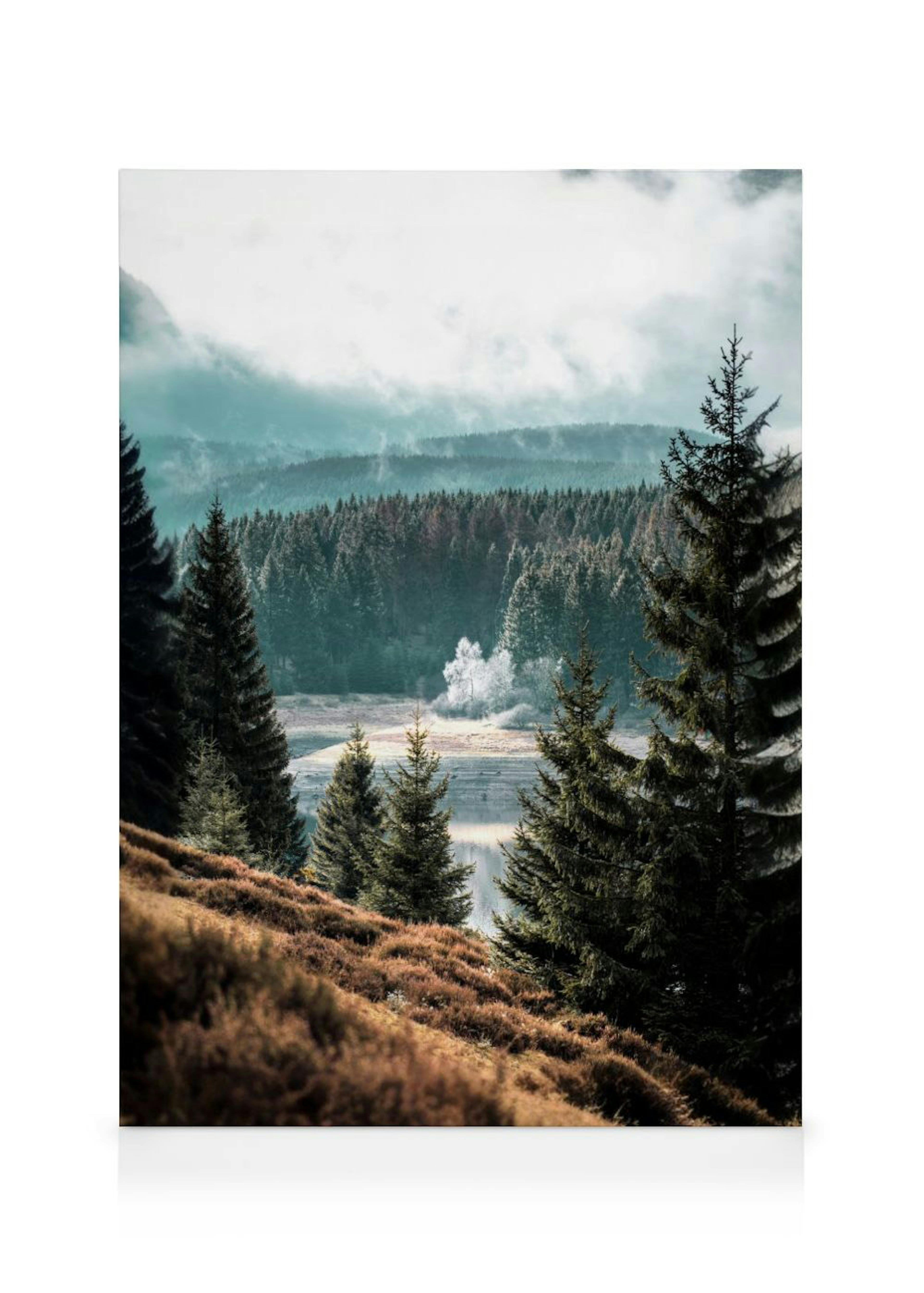 Forest landscape print with pine trees, a lake, and misty mountains, displayed in a light-colored room.