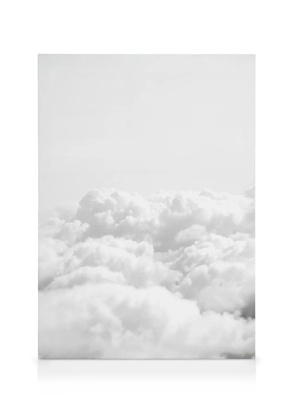 A minimalist canvas depicting fluffy white clouds filling the bottom half of the frame against a bright sky.