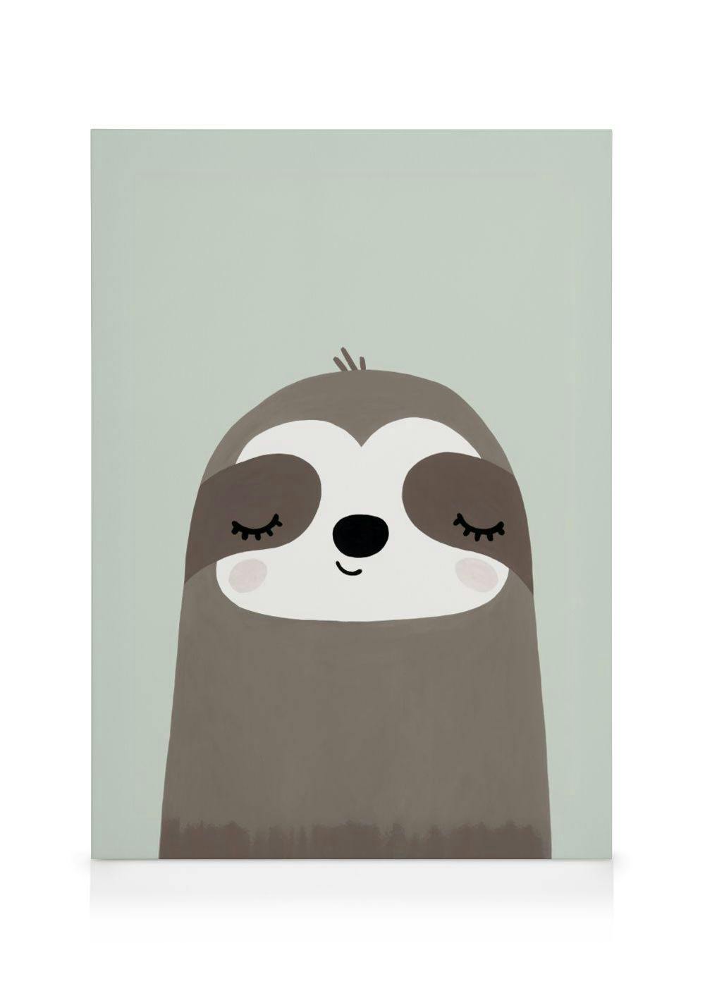 Een canvas met een schattige, slapende luiaard in minimalistische stijl op een lichtgroene achtergrond.