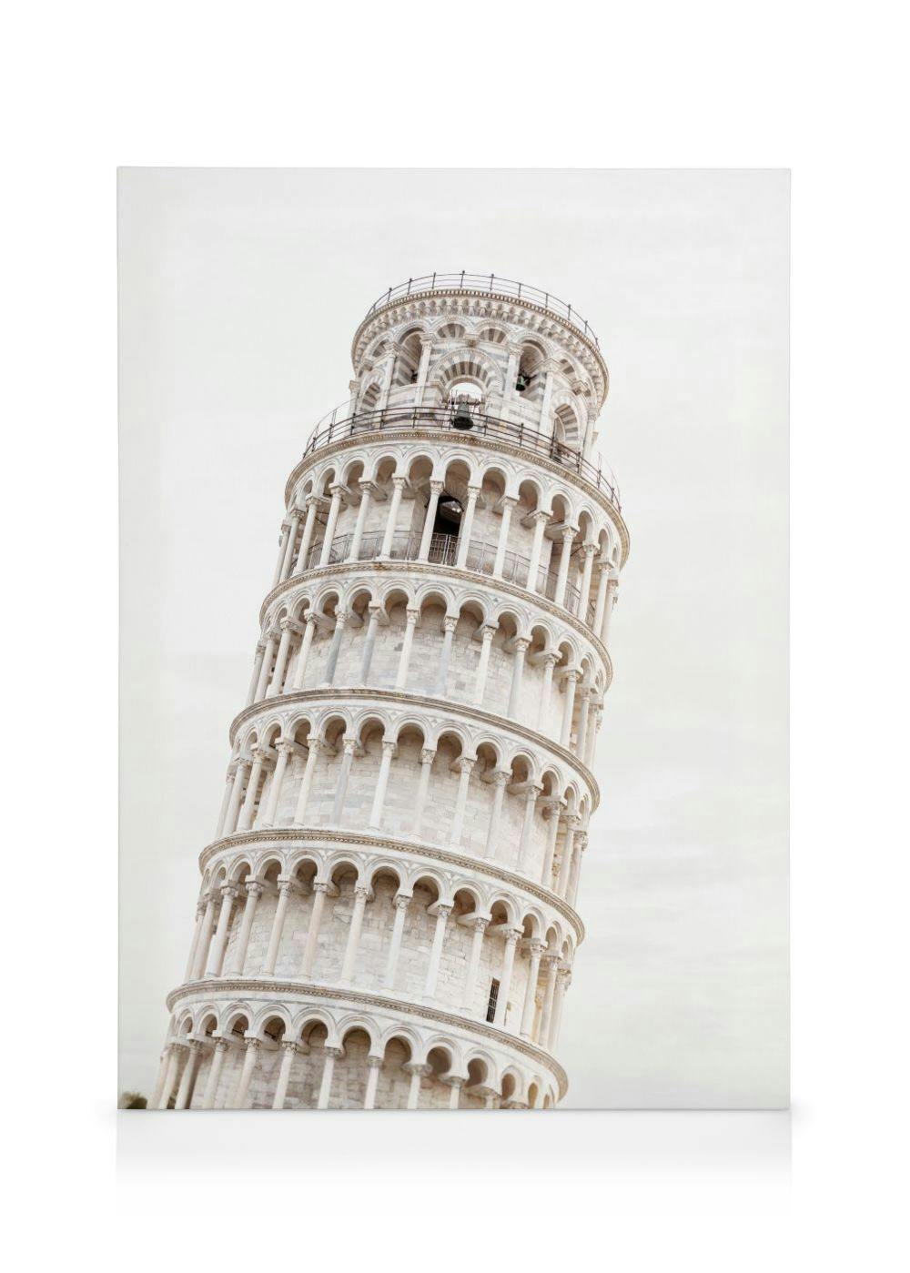 A canvas featuring the Leaning Tower of Pisa, a white bell tower with arched columns, against a light sky.
