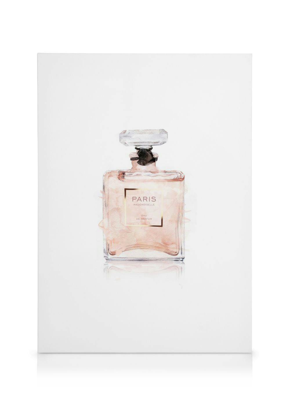 Een canvas met een aquarelillustratie van een elegant parfumflesje met roze vloeistof en de tekst Paris Mademoiselle.