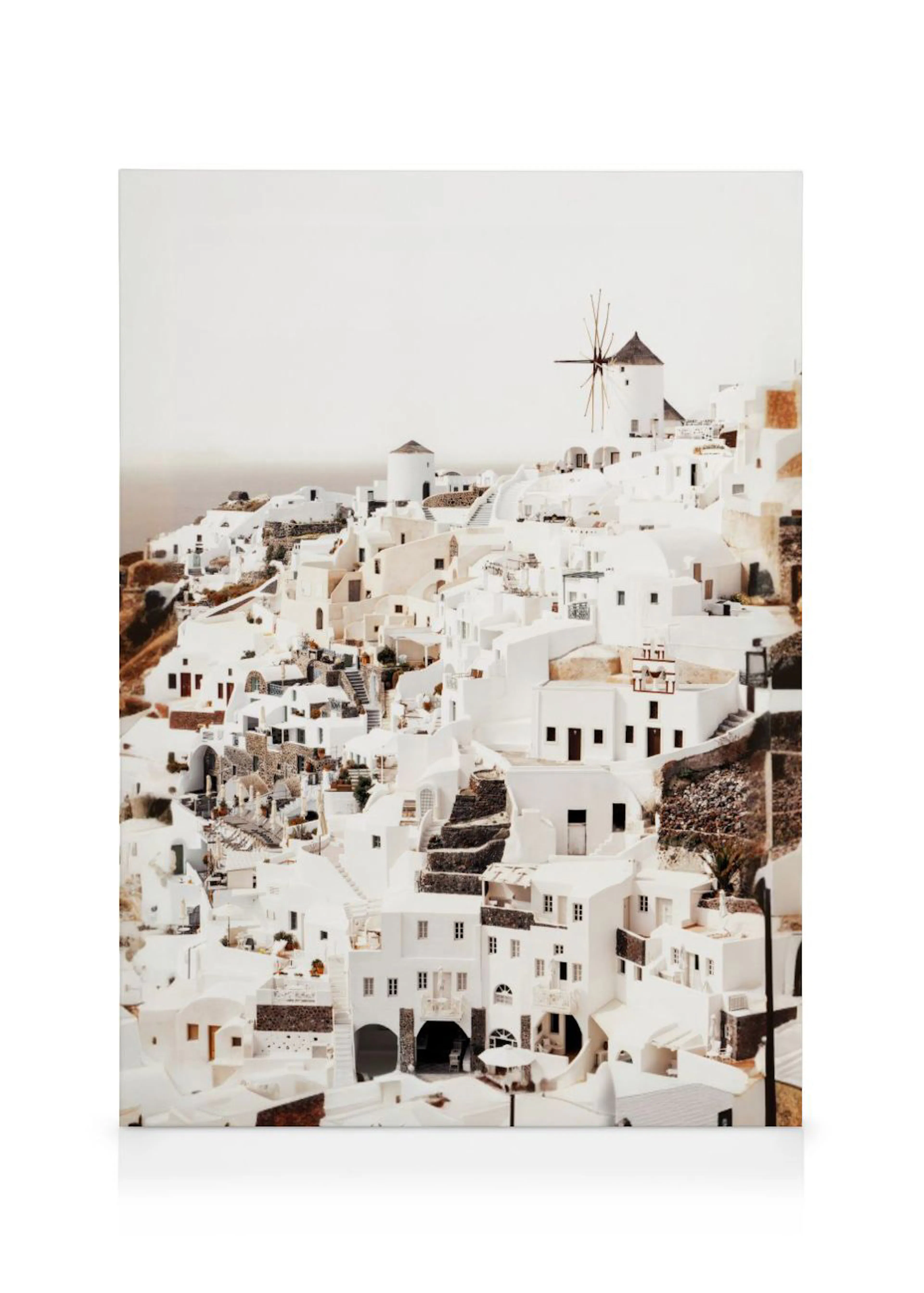 A canvas showing a Santorini village landscape with white buildings, winding paths, and a windmill on a hillside.