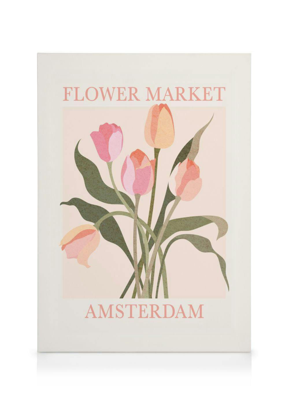 Et lærred med en illustration af lyserøde og orange tulipaner, med teksten Flower Market Amsterdam.