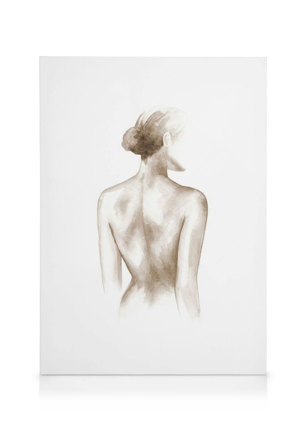 Lienzo de mujer vista por la espalda, con moño, en tonos sepia y blanco.