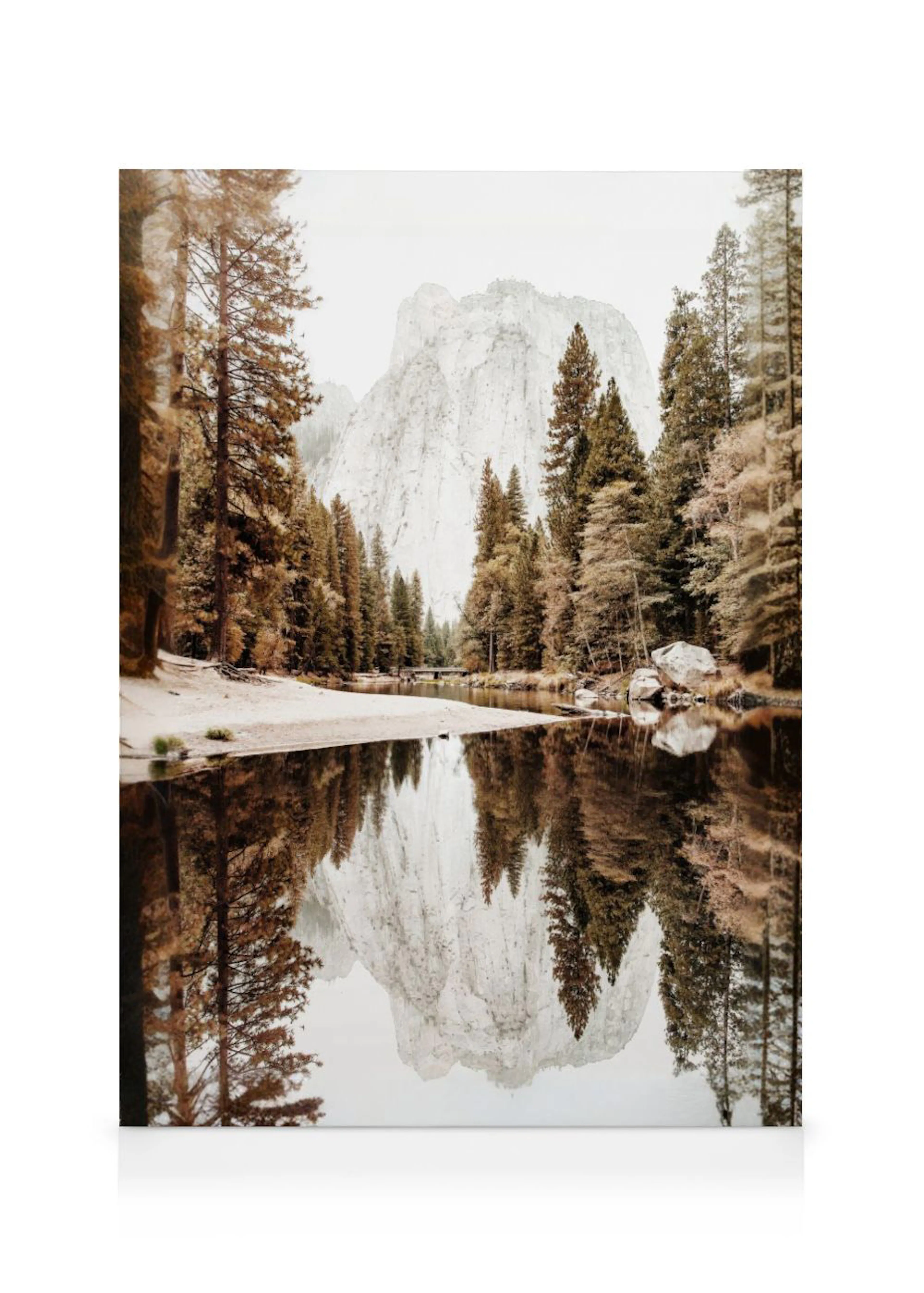 A canvas of a serene mountain landscape with a white peak reflected in a calm river, surrounded by tall evergreen trees.