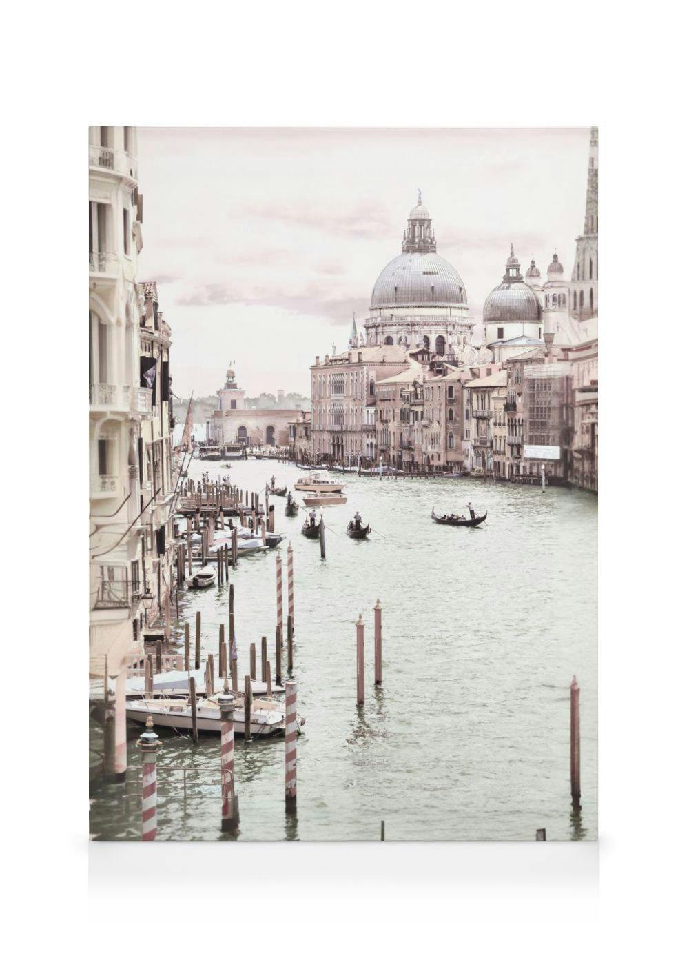 A stunning canvas of the Grand Canal in Venice, featuring gondolas and boats on the water, with historic buildings and the Basil