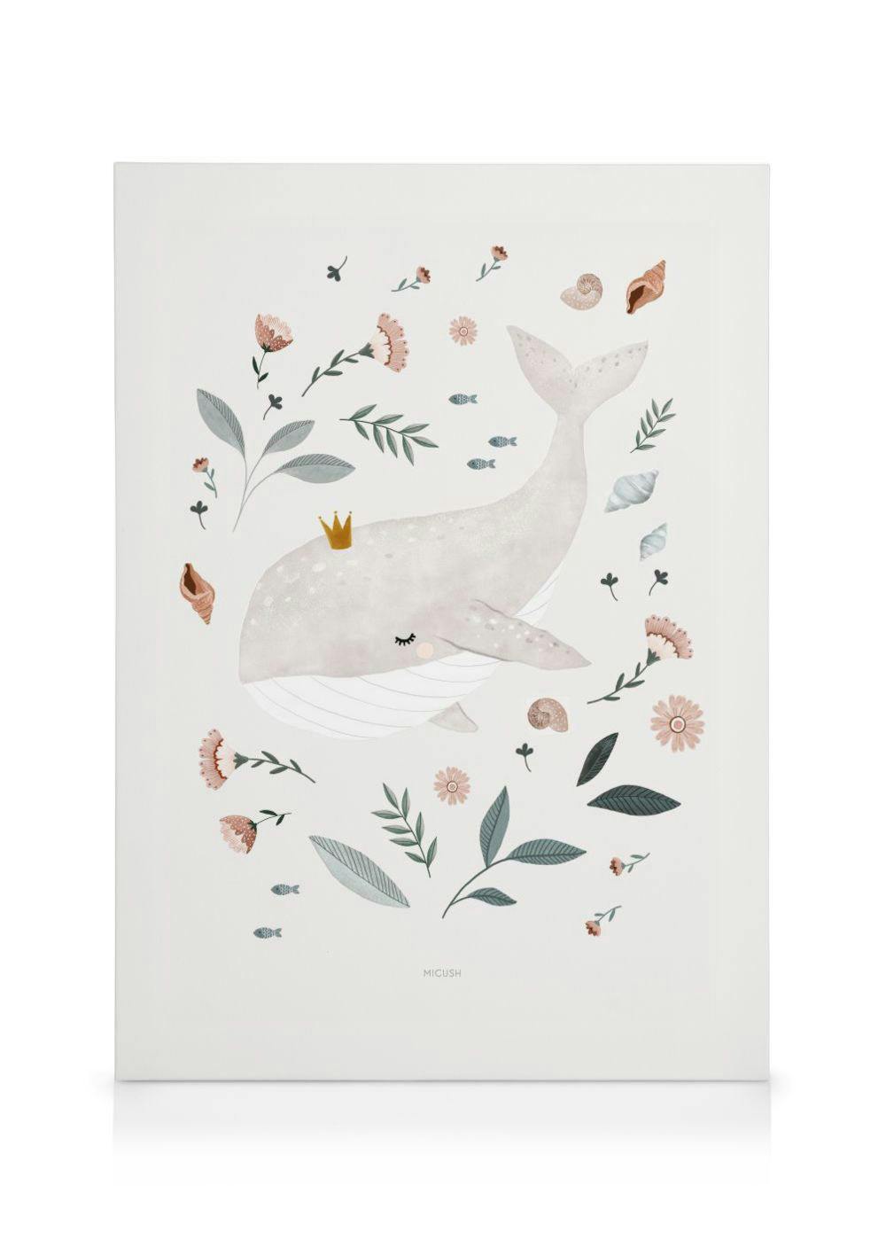 A canvas featuring a light pink whale with a gold crown, surrounded by delicate pink flowers, green leaves, small fish, and seas