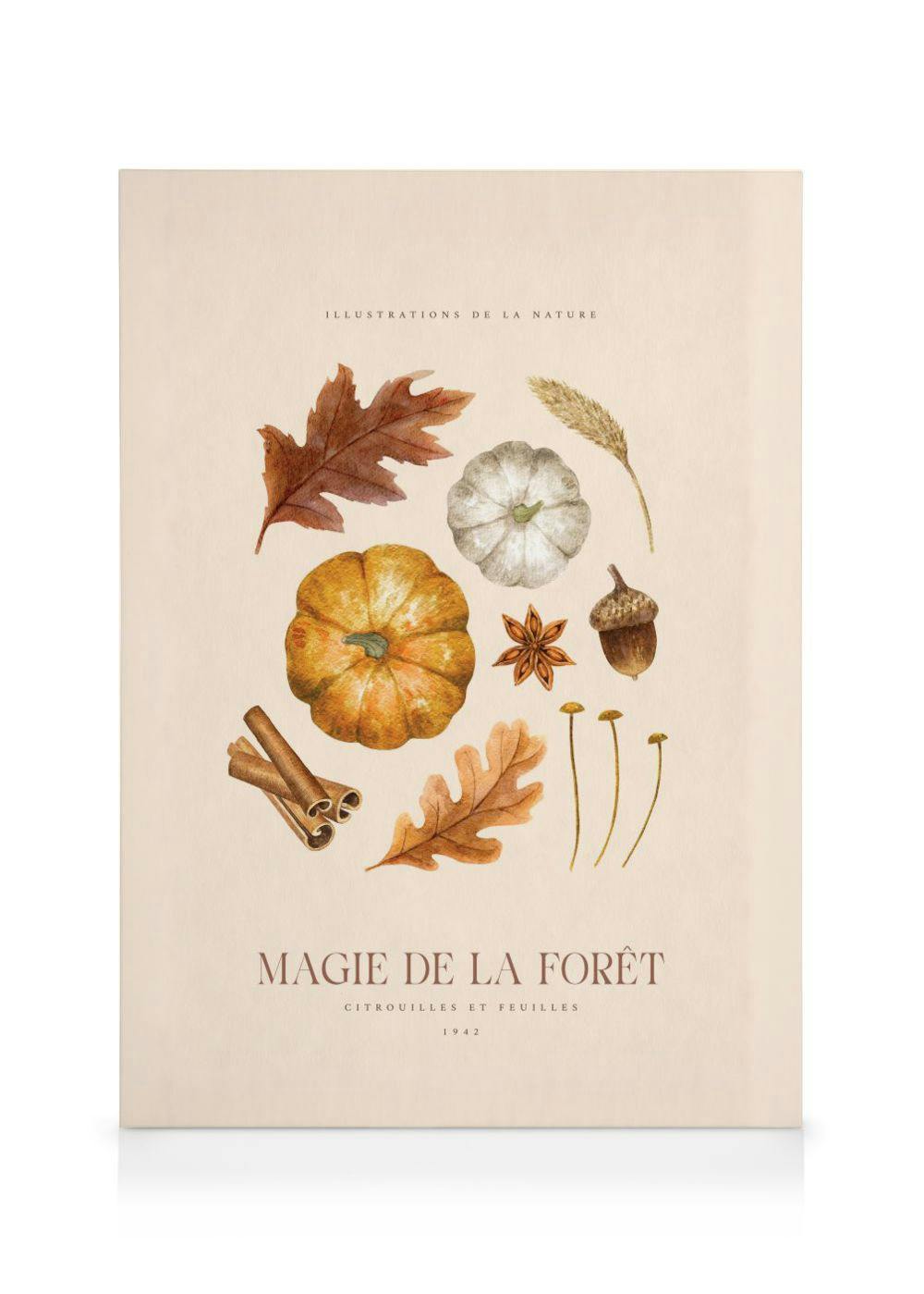 Een canvas met herfstillustraties van pompoenen, bladeren, kaneel en eikels op een lichte achtergrond.
