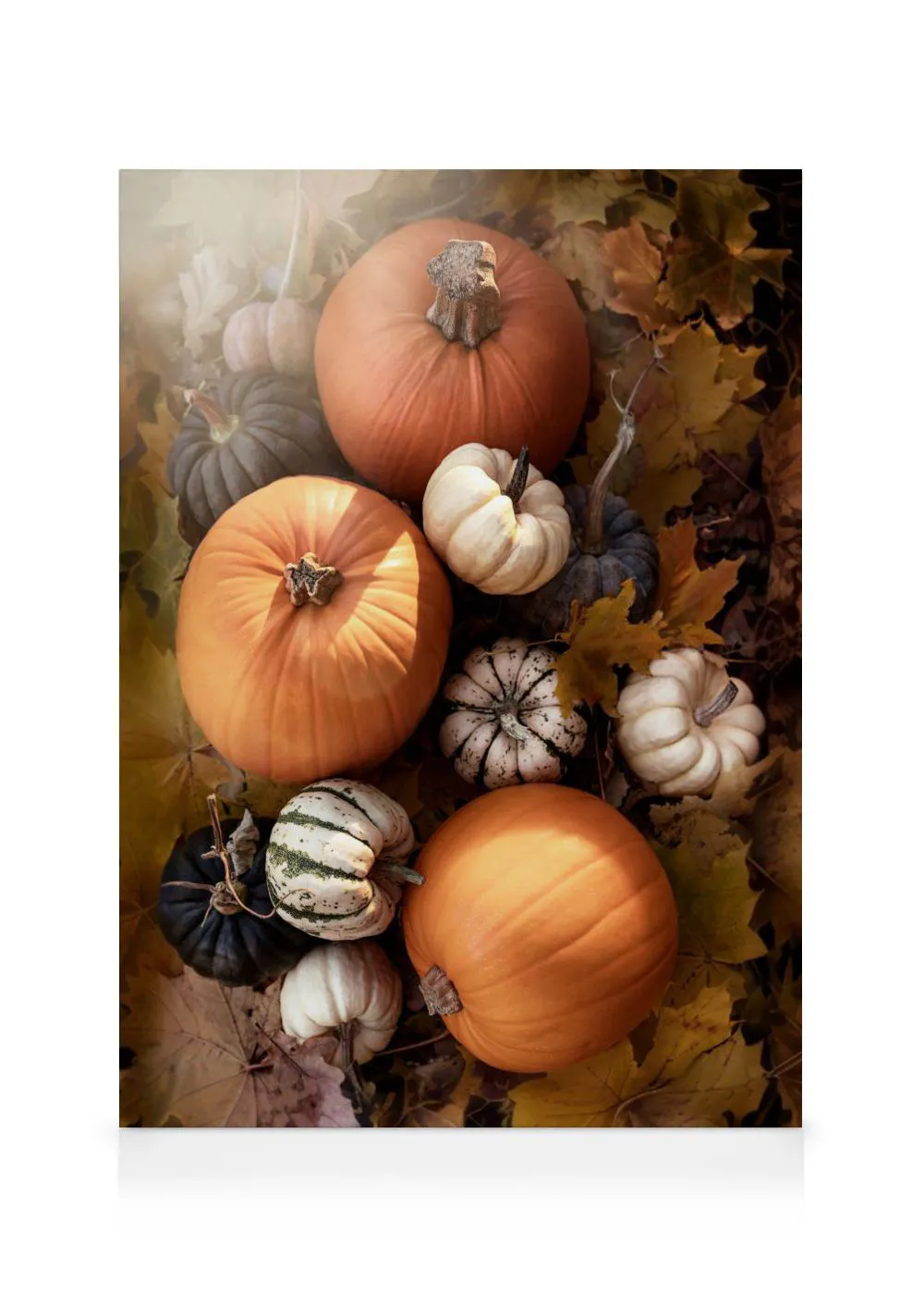 A canvas featuring a harvest of colourful pumpkins and gourds nestled among autumn leaves, ideal for seasonal decor.