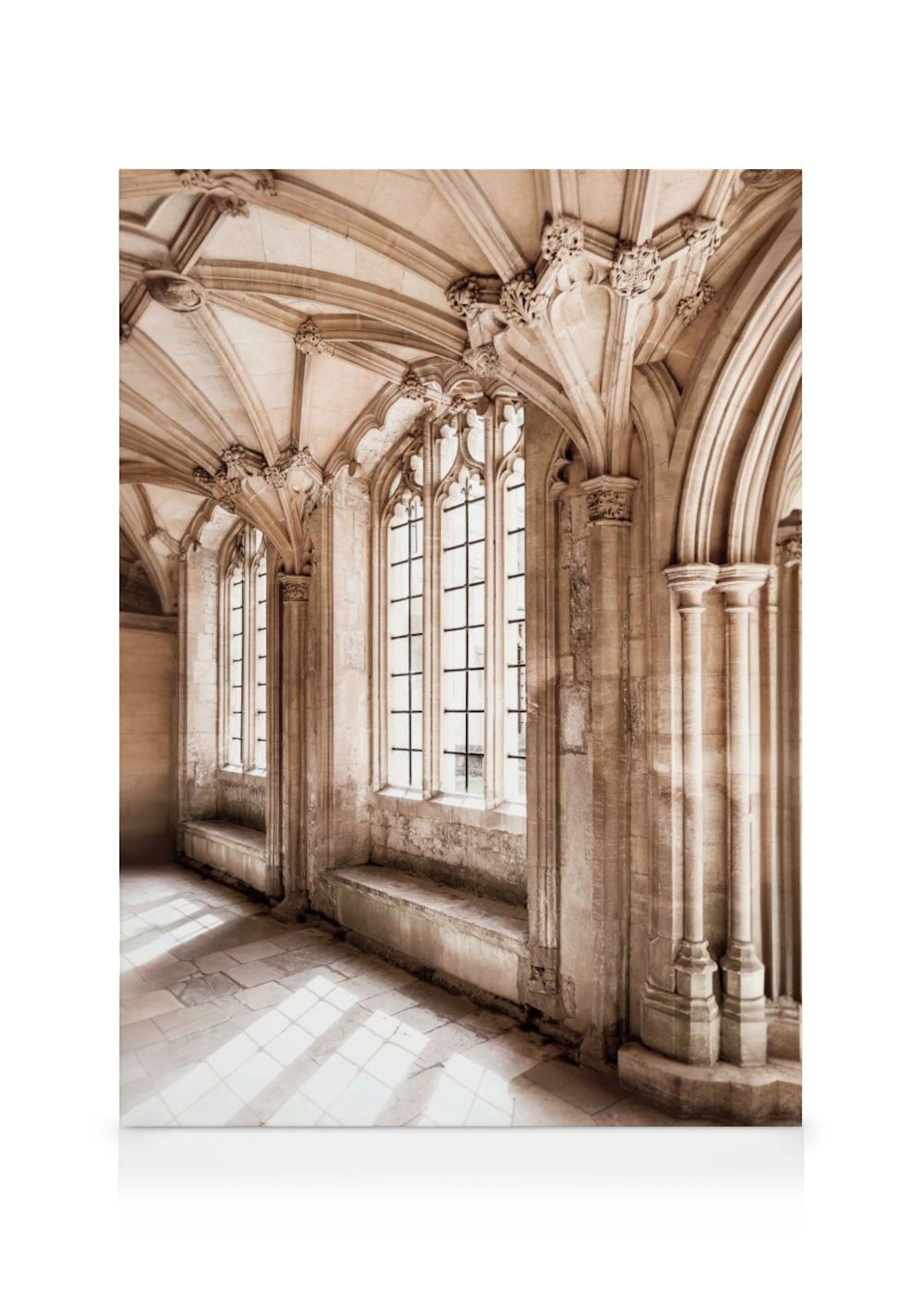 A canvas of a grand stone hall with tall arched windows, intricate vaulted ceilings, and sunlight streaming onto the floor.