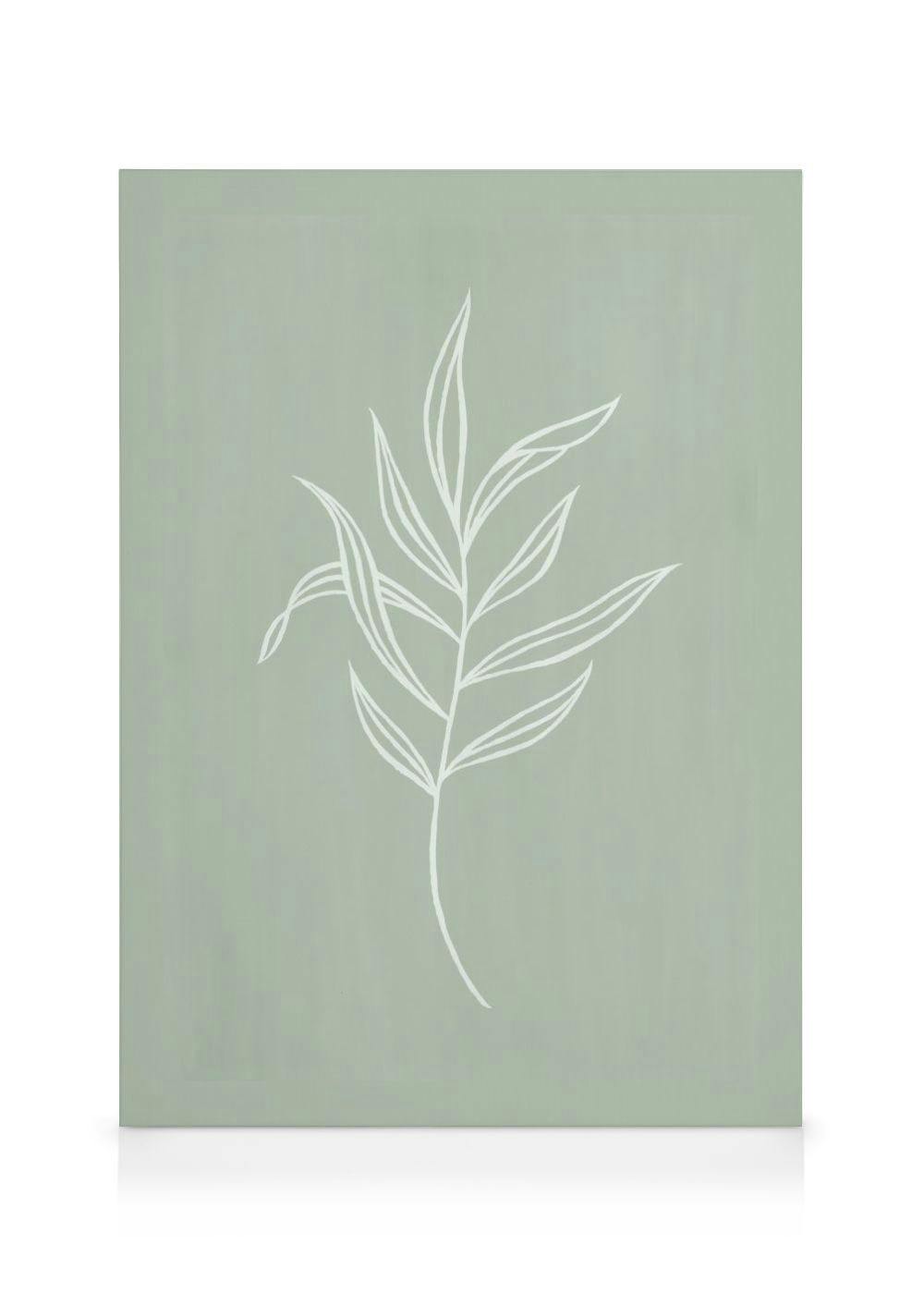 Stampa su tela con un ramo stilizzato di foglie bianche su uno sfondo verde salvia.