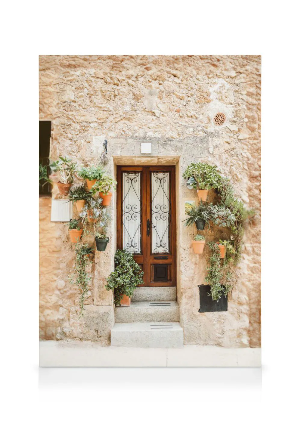 A canvas featuring a rustic stone building with a wooden door decorated with ornate ironwork and numerous potted plants.