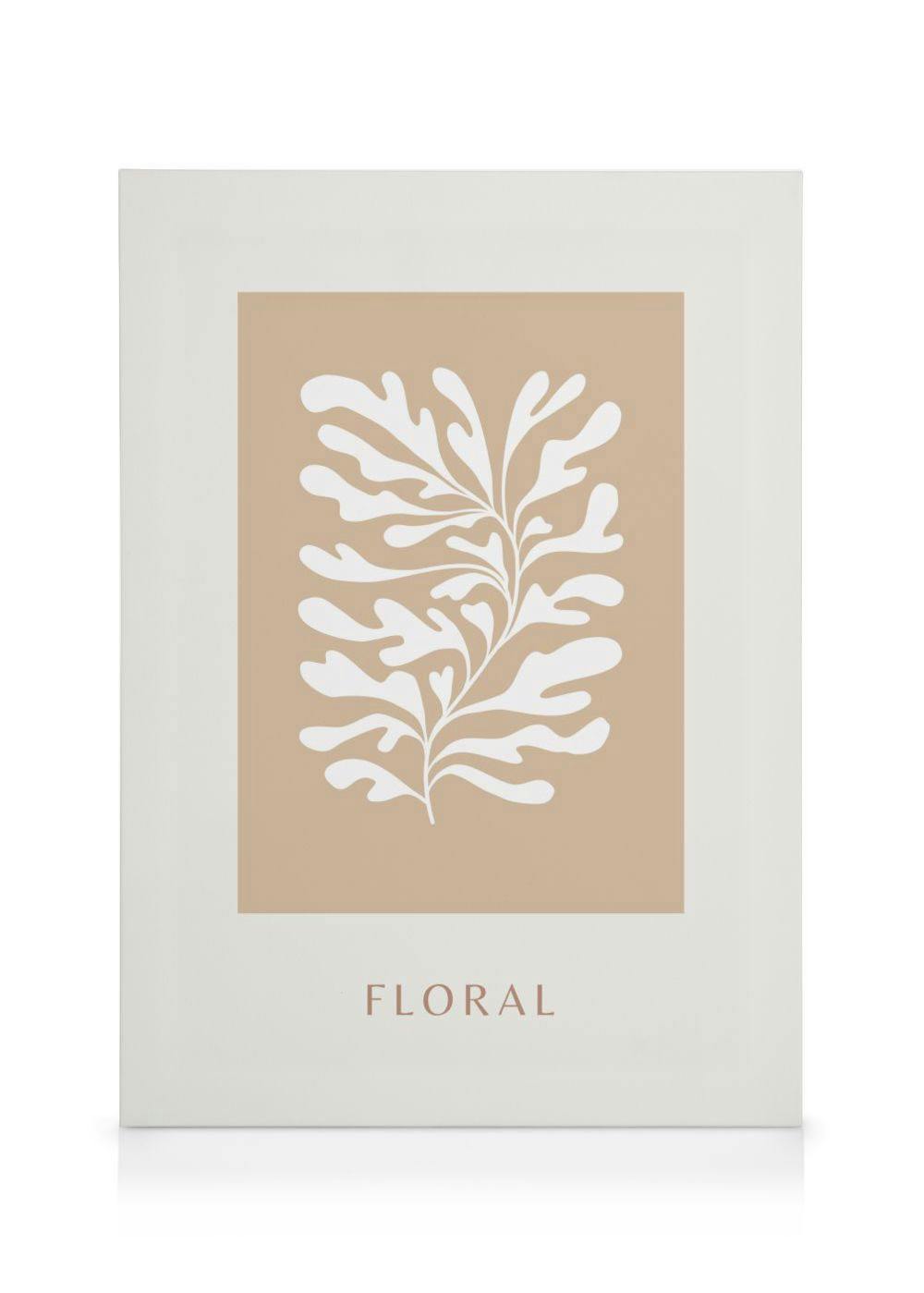 Leinwandbild mit weißem, abstraktem Seegras- oder Korallenmotiv auf beigem Hintergrund, mit FLORAL Schriftzug.