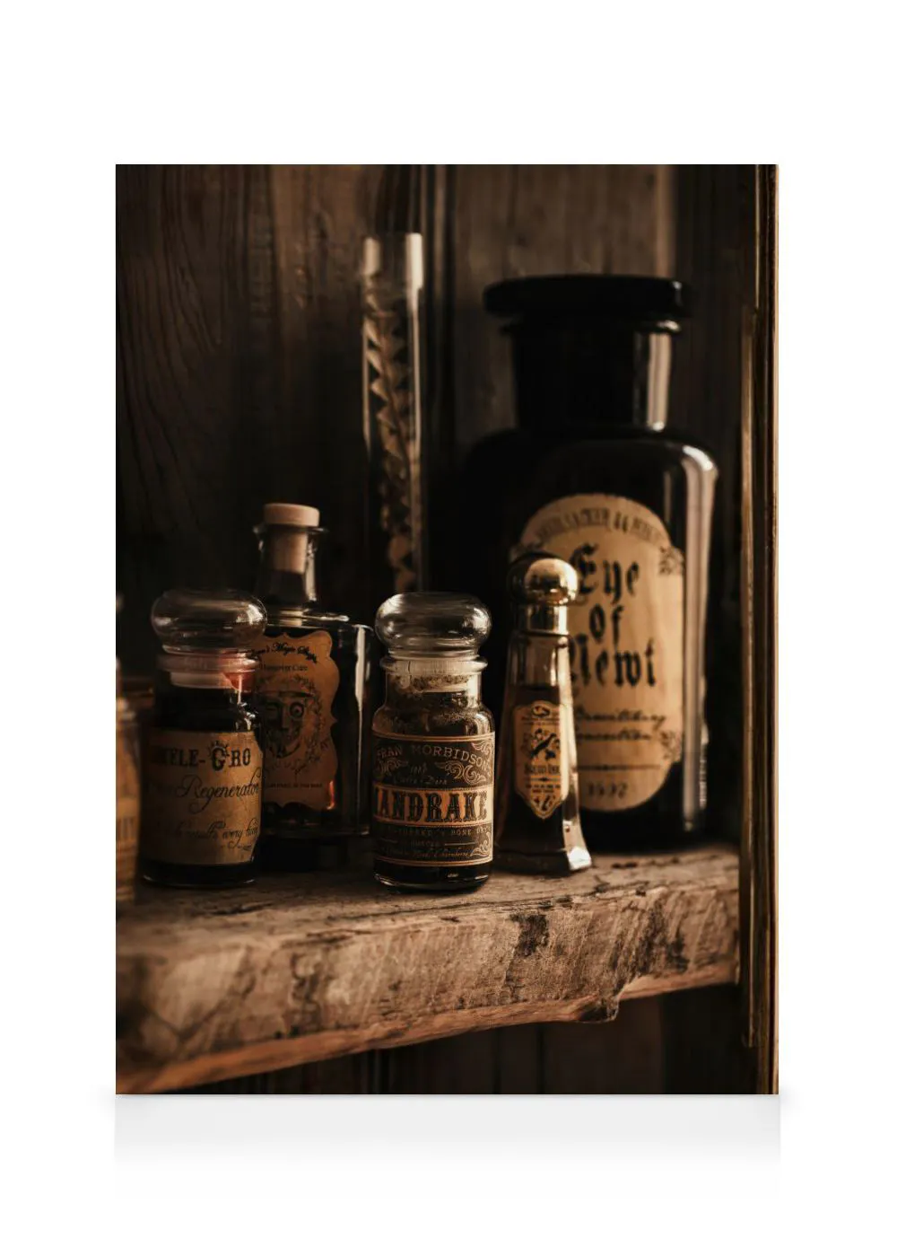 A canvas featuring vintage apothecary bottles with aged labels like Mandrake and Eye of Newt on a rustic wooden shelf.