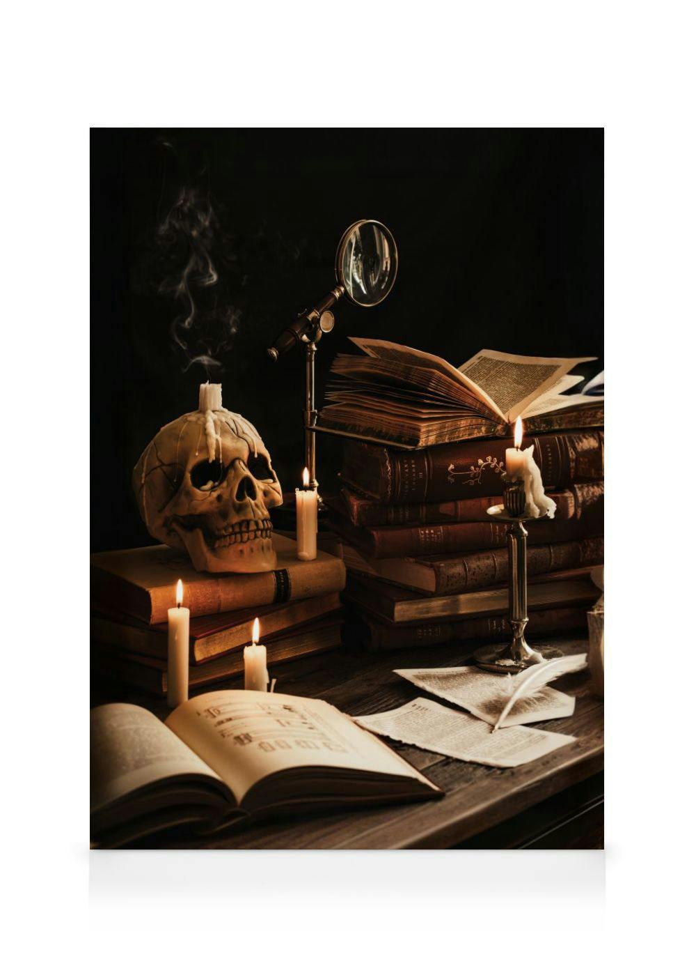 A canvas showing a spooky still life with a skull, old books, burning candles, and a quill on a dark background.