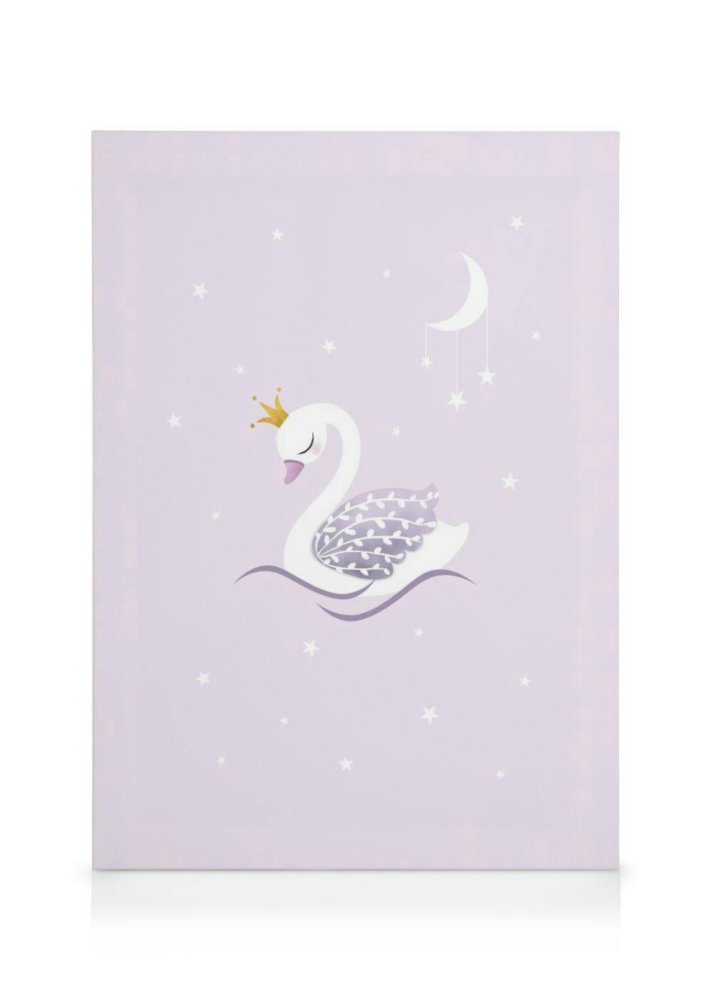 A canvas for kids with a white swan wearing a gold crown, on purple water, with a moon and stars on a light purple background.