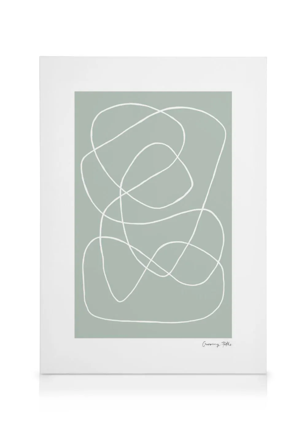 A canvas showcasing a sage green background with white flowing lines forming abstract shapes, titled Crossing Paths.