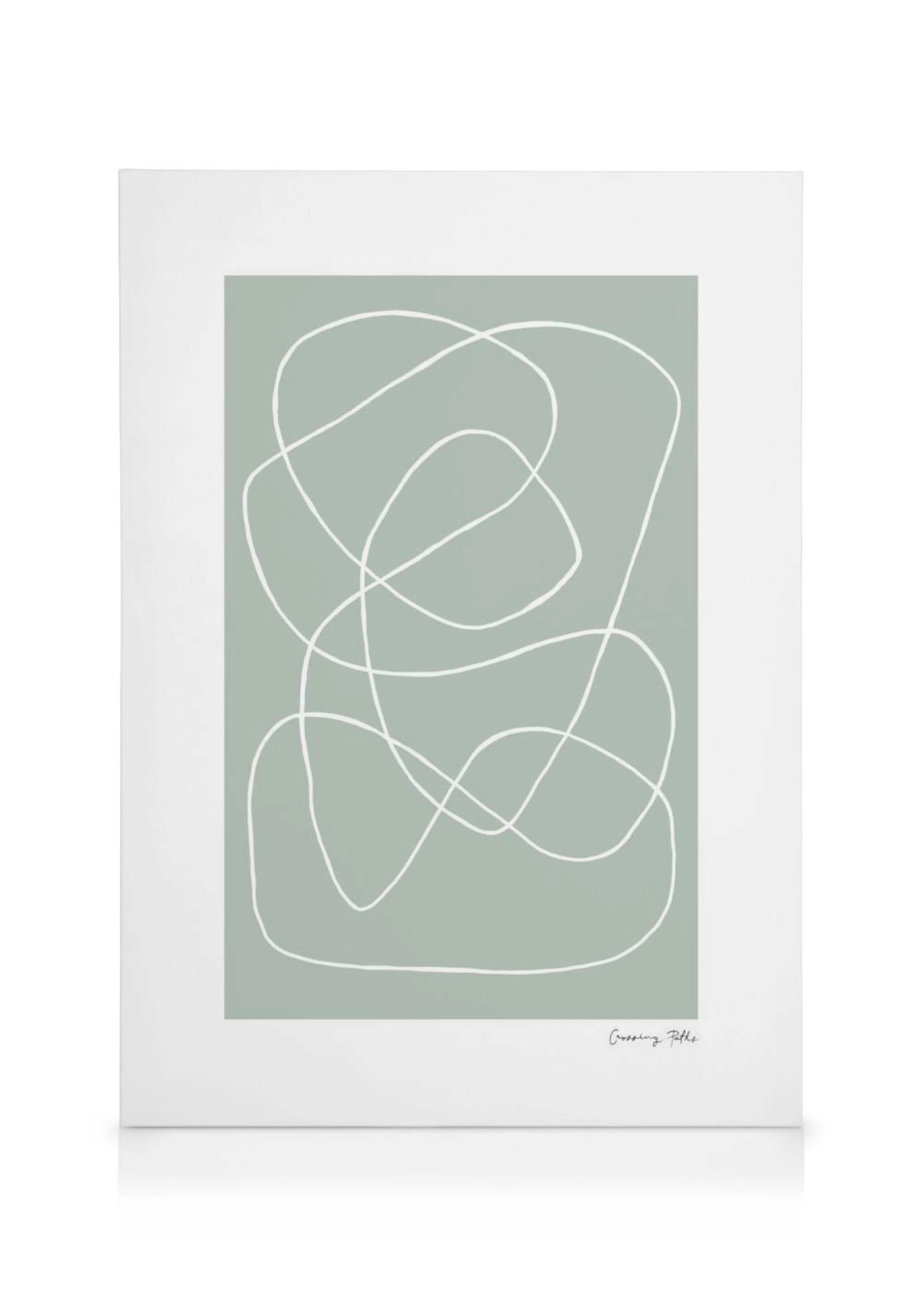 A canvas showcasing a sage green background with white flowing lines forming abstract shapes, titled Crossing Paths.