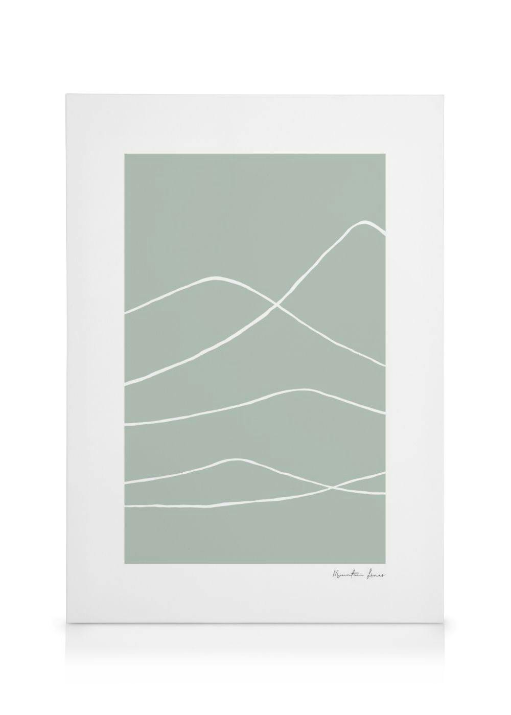 A minimalist canvas with white wavy lines on a light sage green background, resembling mountains.