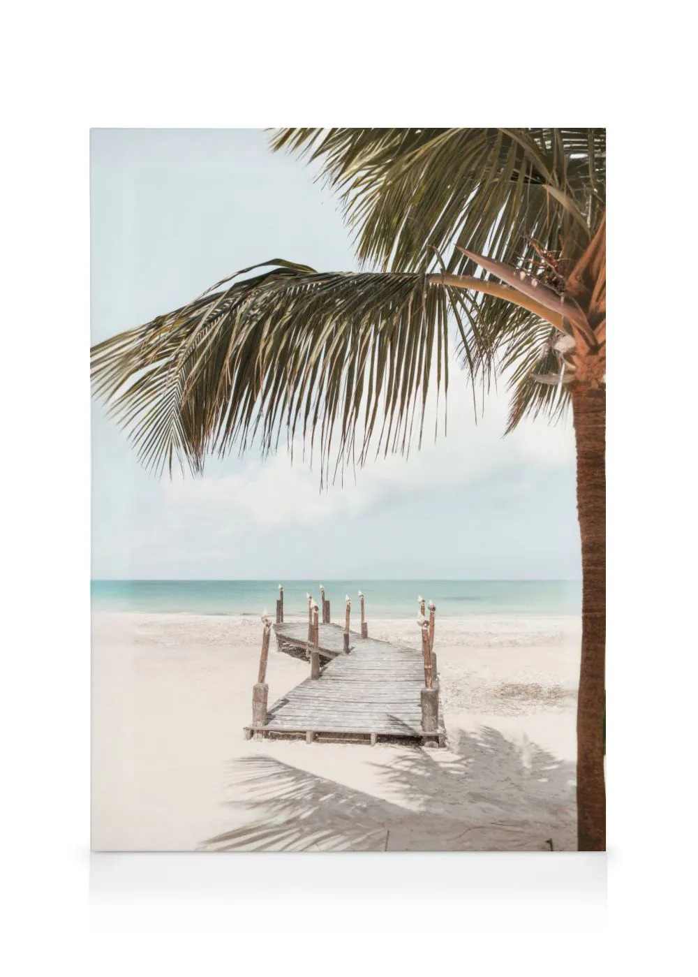A stunning tropical beach canvas featuring a wooden pier extending into turquoise water, with a palm tree in the foreground.